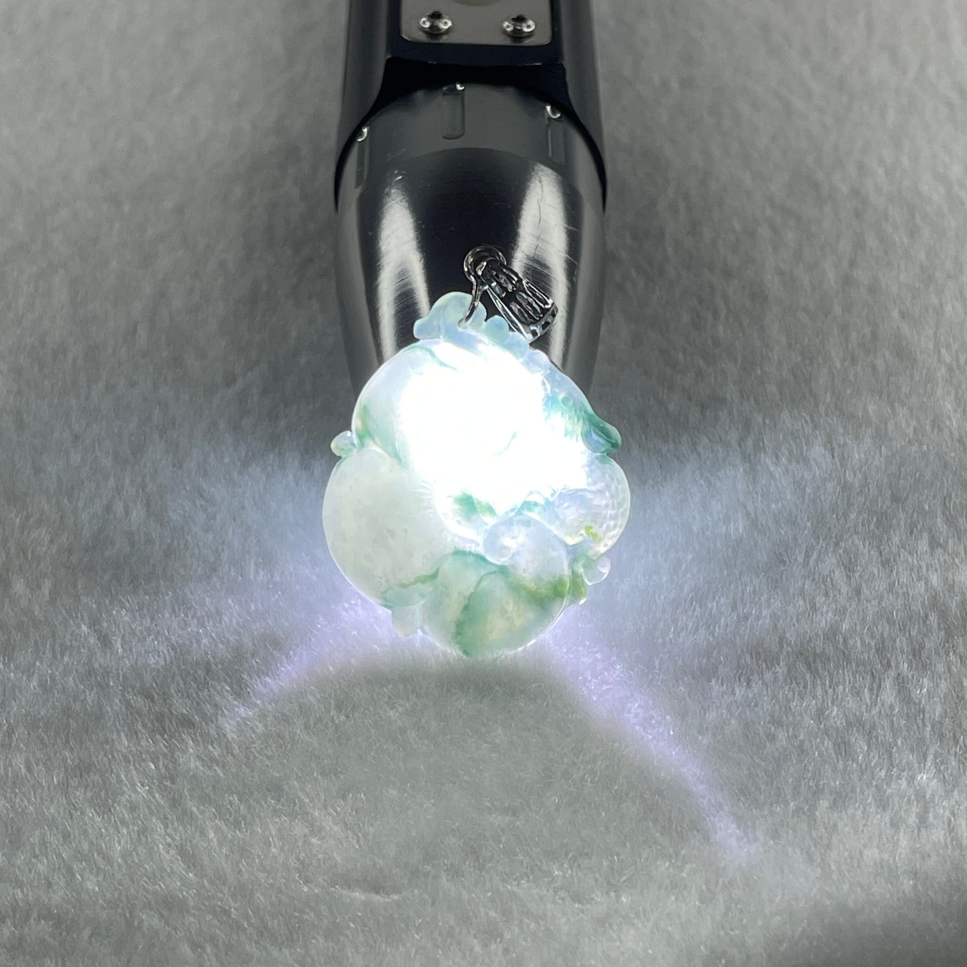 Type A Natural Semi Icy Blueish Green with Piao Hua Flora Jadeite Ruyi in S925 Silver Pendant 6.48g 32.2 by 21.4 by 5.1mm - Huangs Jadeite and Jewelry Pte Ltd