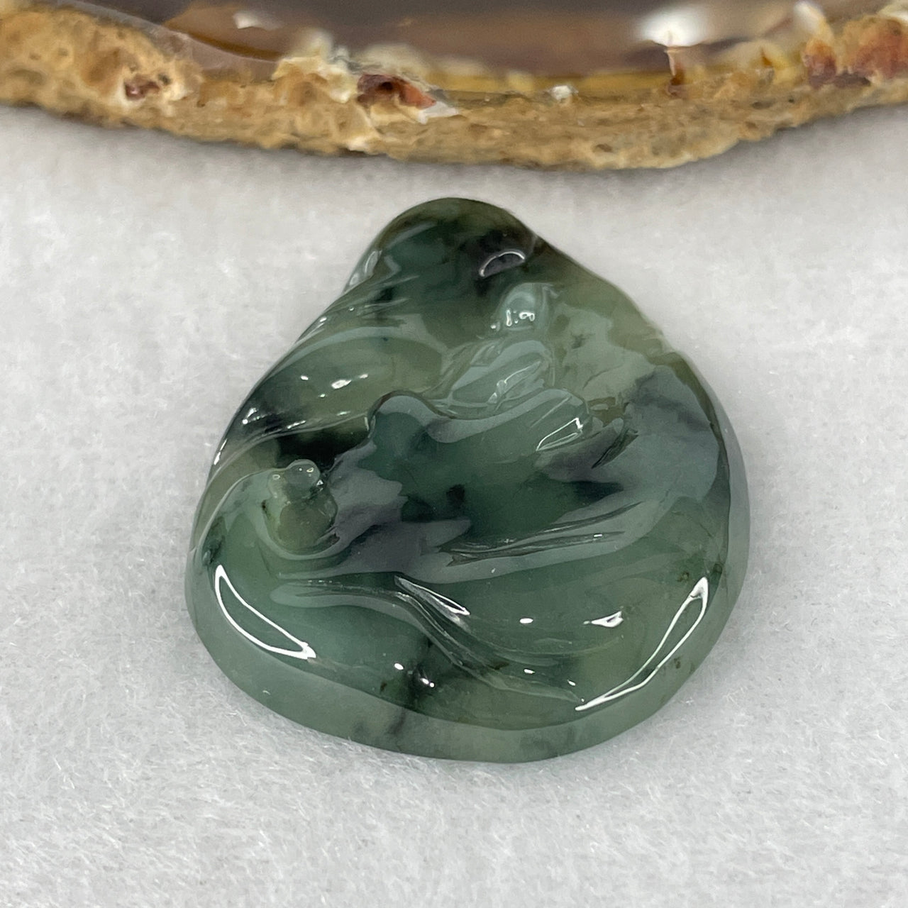 Natural Type A Semi-Icy Blueish-Green Jadeite "Seeking Enlightenment" Pendant with Dark Green Piao Hua | 100% Untreated Master Carved Fei Cui Talisman (12.61g | 42.0mm × 31.3mm × 5.4mm)
