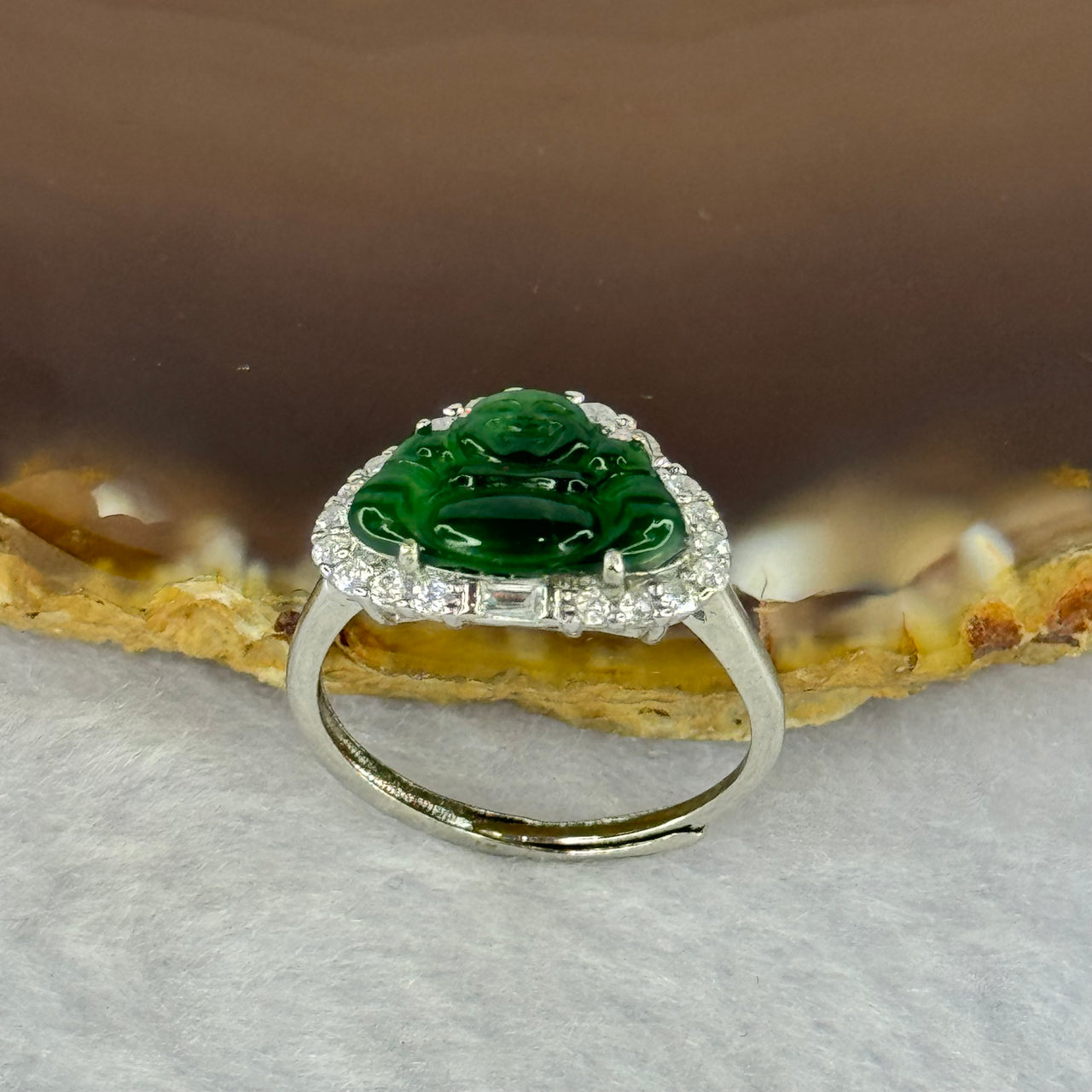 Type A Icy Green Omphasite Jadeite Milo Buddha with Crystals in Sliver Ring (Adjustable Size) 1.82g 8.9 by 13.2 by 2.5mm - Huangs Jadeite and Jewelry Pte Ltd