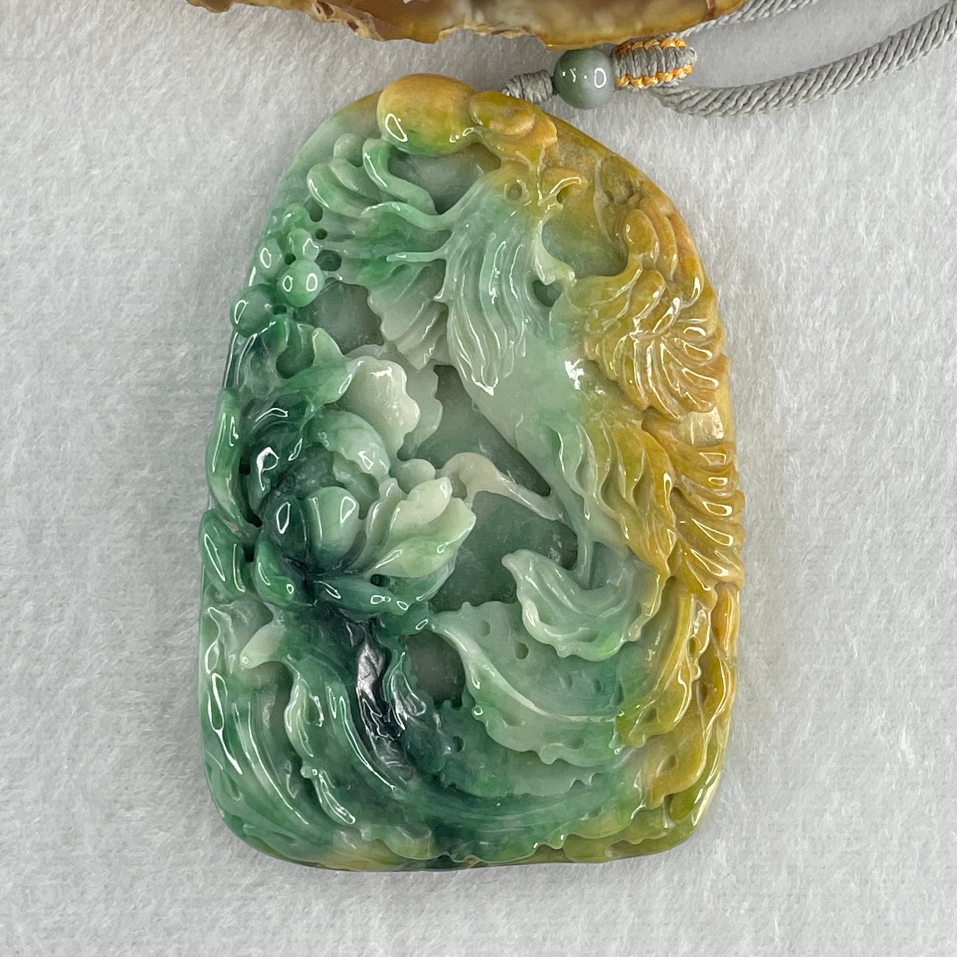 Grand Master Type A Green with Spicy Green and Yellow Piao Hua Jadeite Phoenix with Flower Double Side Pendant 86.78g 72.0 by 48.0 by 12.5mm - Huangs Jadeite and Jewelry Pte Ltd