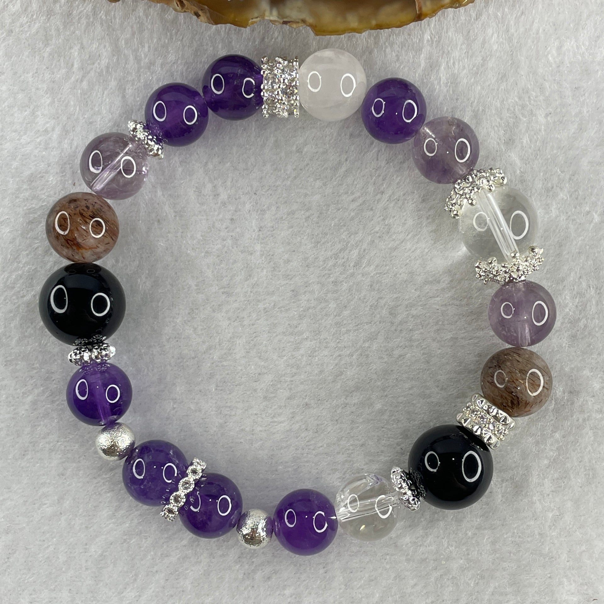 Natural Amethyst with Clear Quartz, Onyx, Copper Rutilated Beads with Charms Bracelet 32.57g 17cm 9.8mm-12Beads 12.7mm-4Beads - Huangs Jadeite and Jewelry Pte Ltd