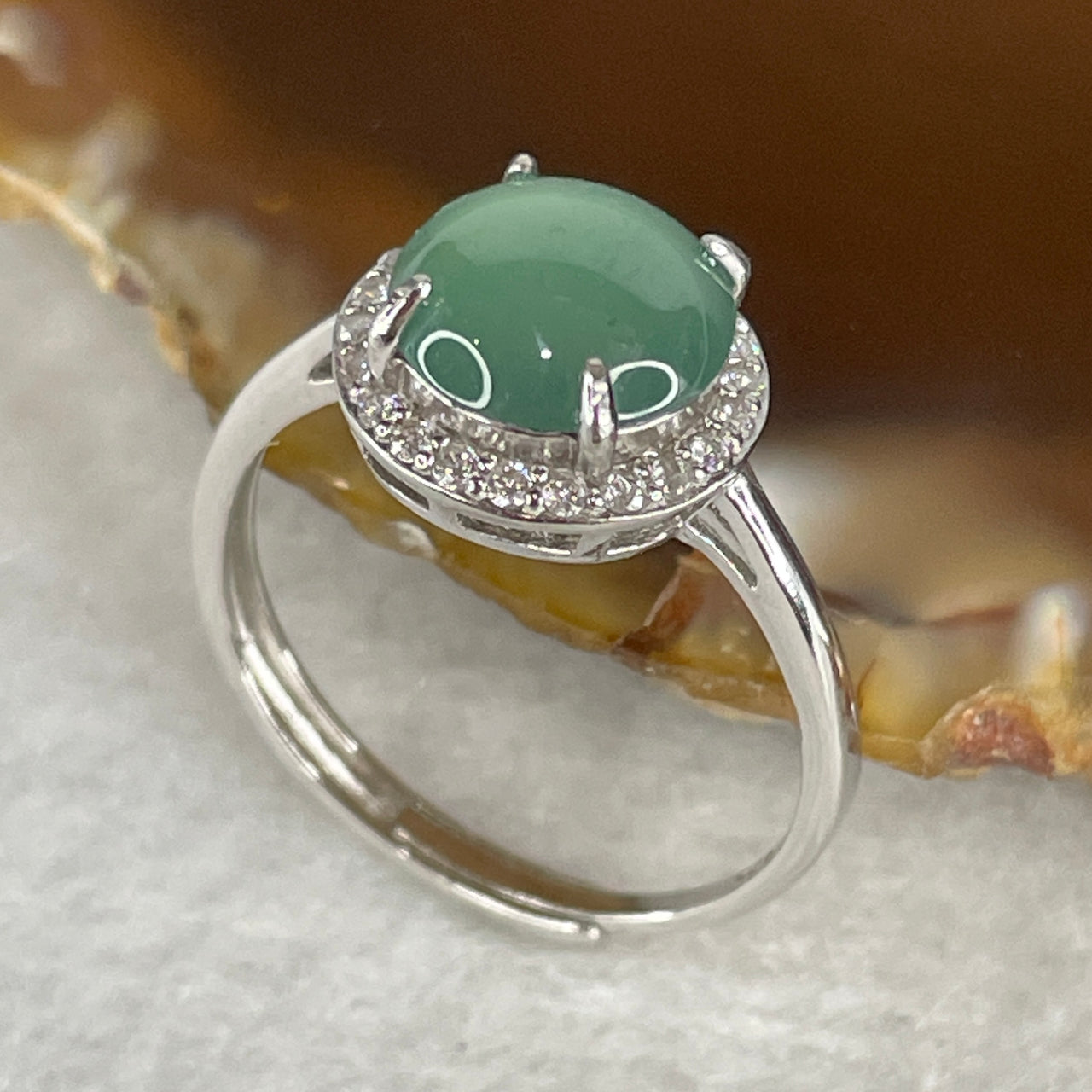 Type A Icy Light Blueish-Green Jadeite High-Dome Cabochon Ring | Liquid-Glass Translucent Cushion Orb | S925 Sterling Silver Setting | Adjustable Sizing (2.04g 8.6x8.3x4.0mm)