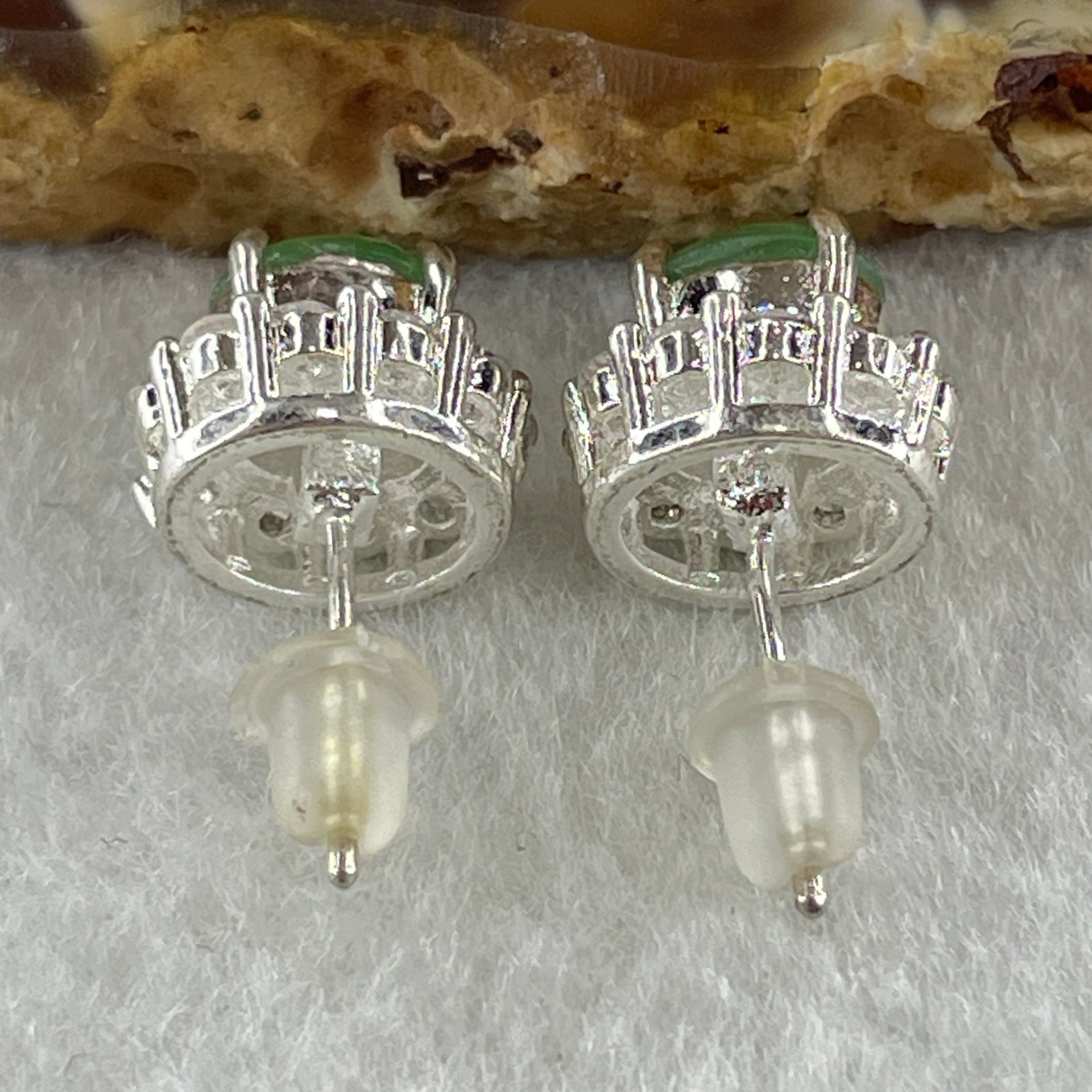 Type A Natural Green Jadeite Cabochon 6.7 by 5.2 by 2.5m Stone for Setting 4.46g (On Silver Earrings Mold) - Huangs Jadeite and Jewelry Pte Ltd