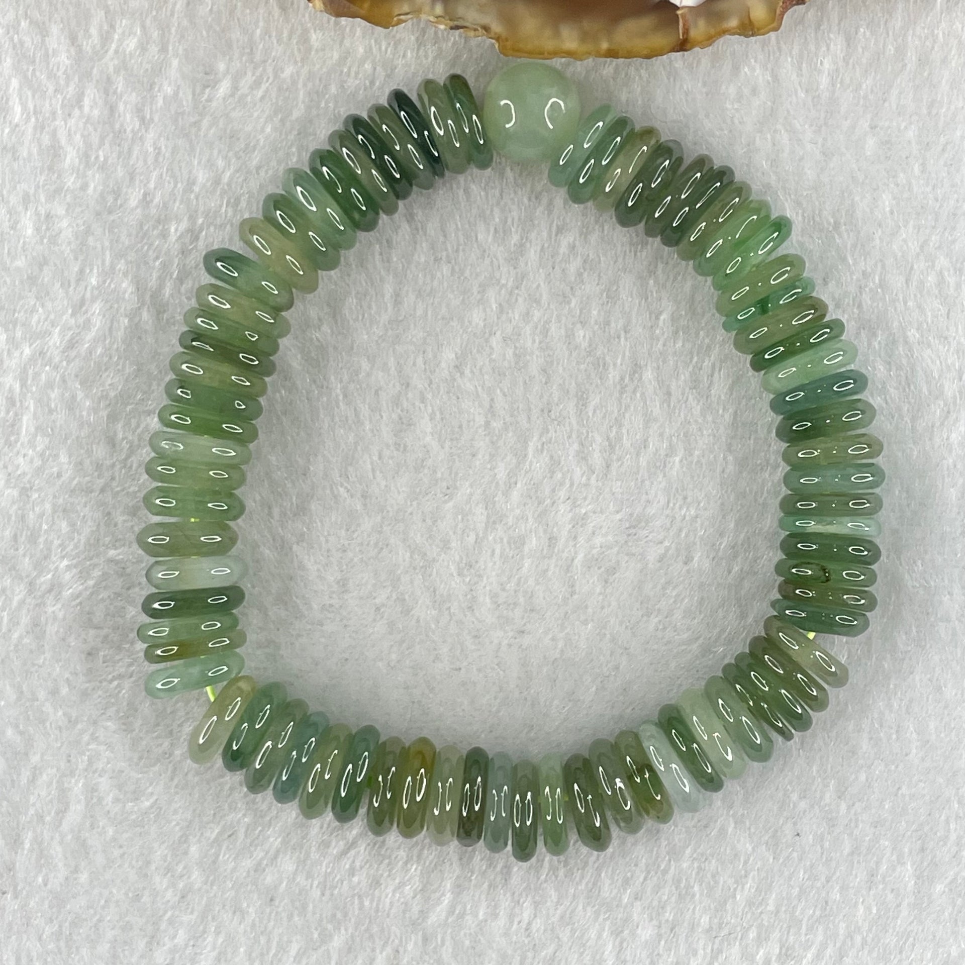 Type A Muti Blueish Green Shades with Yellowish Brown Jadeite Ping An Kou Donut with Jadeite Bead Bracelet 30.03g 15cm 9.0mm 74pcs 8.8mm 1 Beads - Huangs Jadeite and Jewelry Pte Ltd