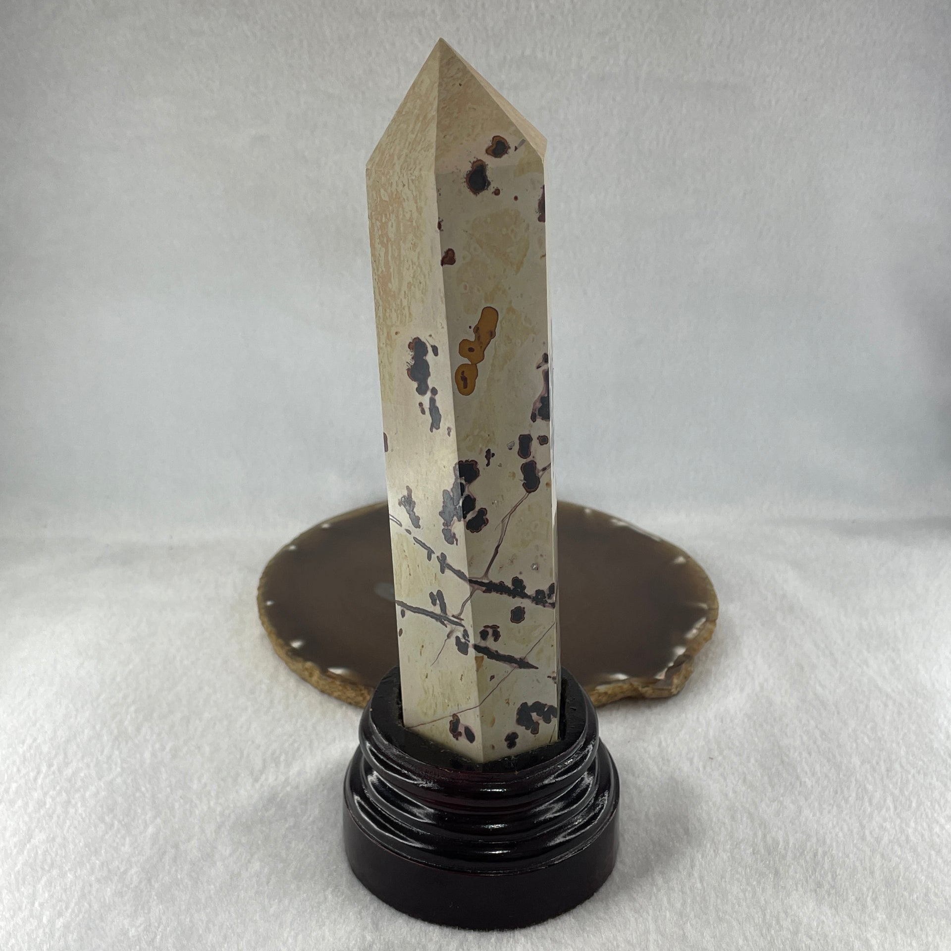 Natural Ligh Brown with Dark Brown Patches Dendritic Jasper Tower with Wooden Stand 681.17g 79.6 by 73.9 by 200.0mm - Huangs Jadeite and Jewelry Pte Ltd