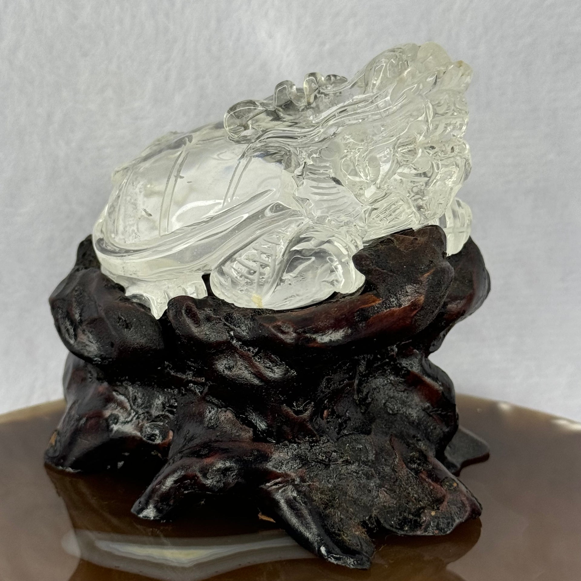 Natural Clear Quartz Dragon Turtle with Wooden Display 214.02g 78.8 by 66.1 by 75.6mm - Huangs Jadeite and Jewelry Pte Ltd