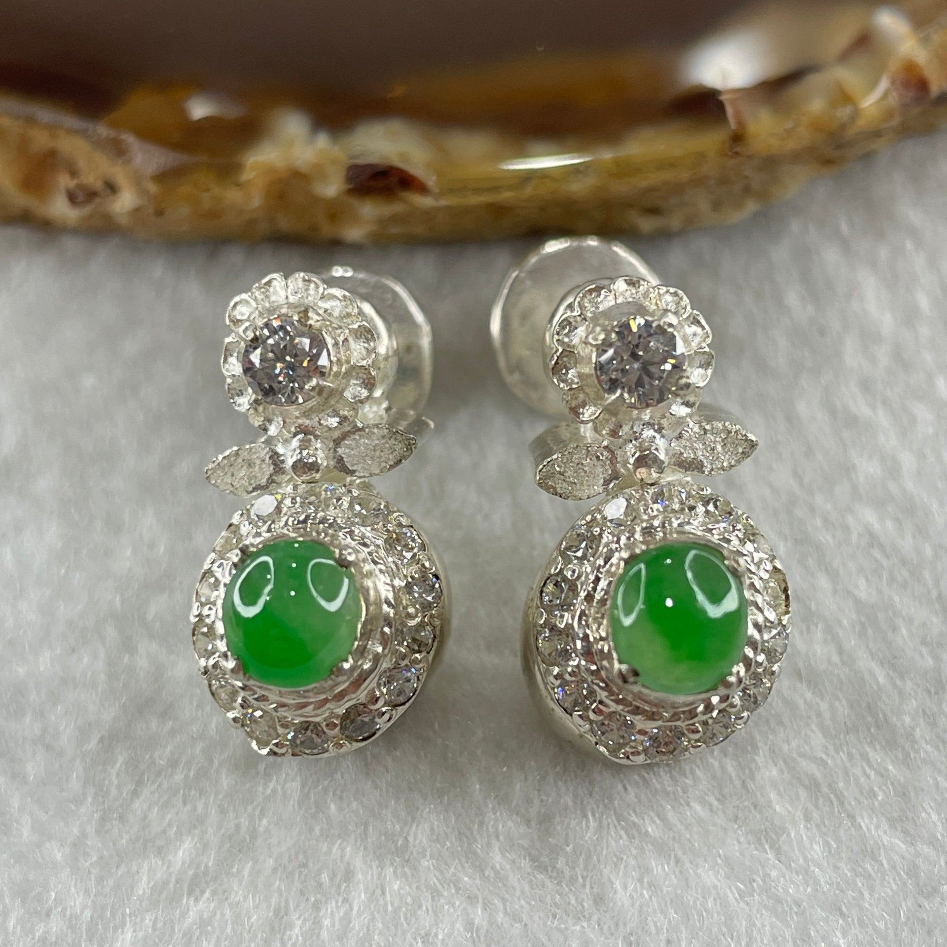 Type A Natural Semi Icy Green Jadeite Cabochon 6.2 by 5.5 by 2.5m Stone for Setting 22.45g (On Silver Earrings Mold) - Huangs Jadeite and Jewelry Pte Ltd