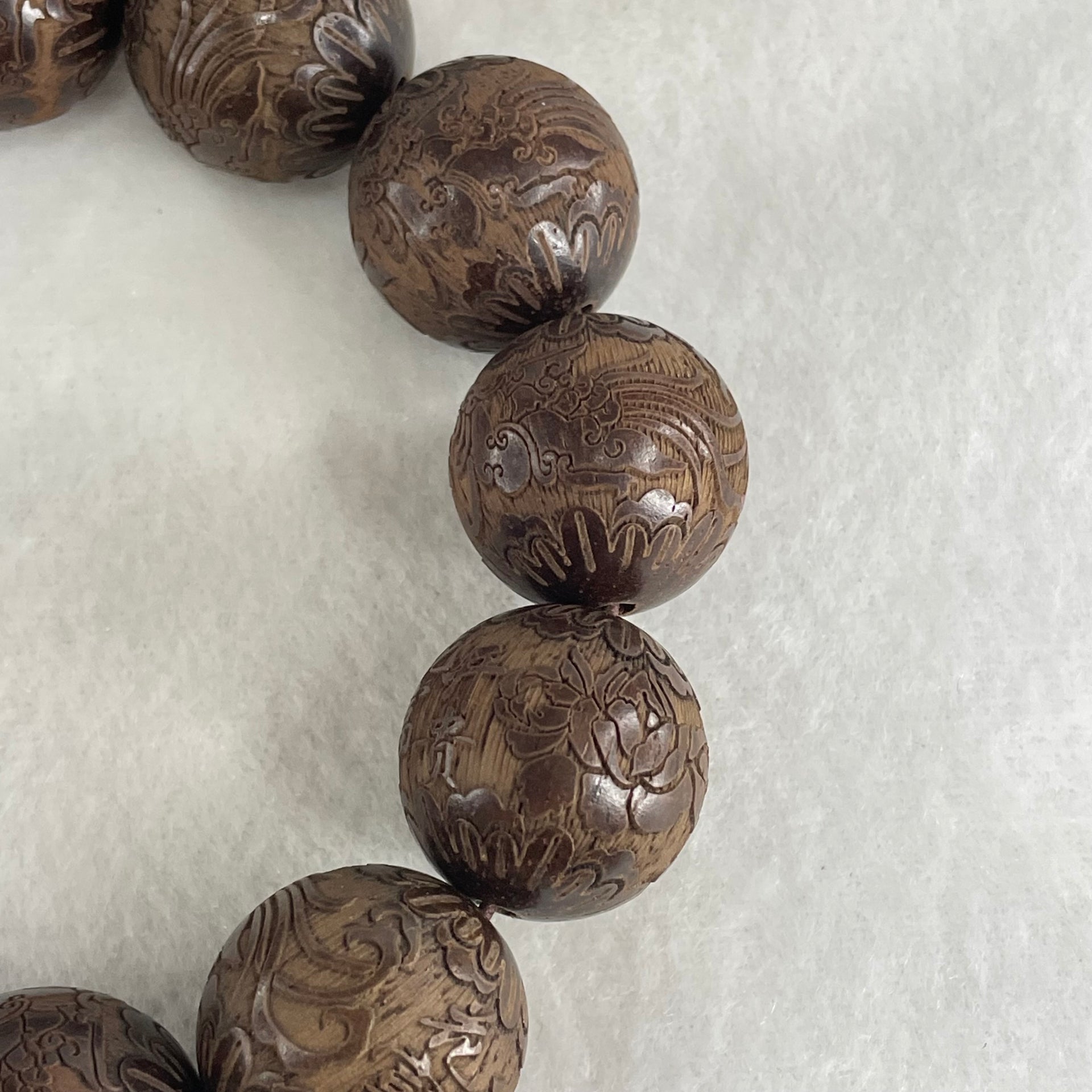 Natural Rosewood with Prosperity Flowers and Birds Beads Bracelet 64.48g 18cm 20.1mm 12 Beads - Huangs Jadeite and Jewelry Pte Ltd