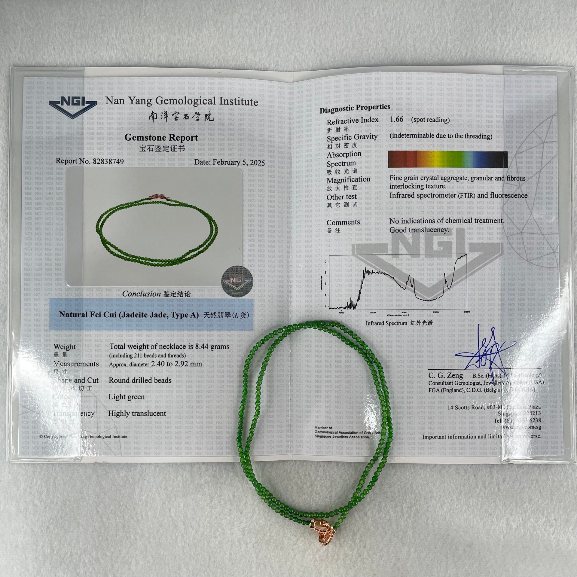 Rare Tengchong Raw Stone Association Certified Type A Highly Translucent Green Jadeite Beads Necklace 8.44g 54g 2.40 to 2.92mm With NGI Cert 82838749 - Huangs Jadeite and Jewelry Pte Ltd