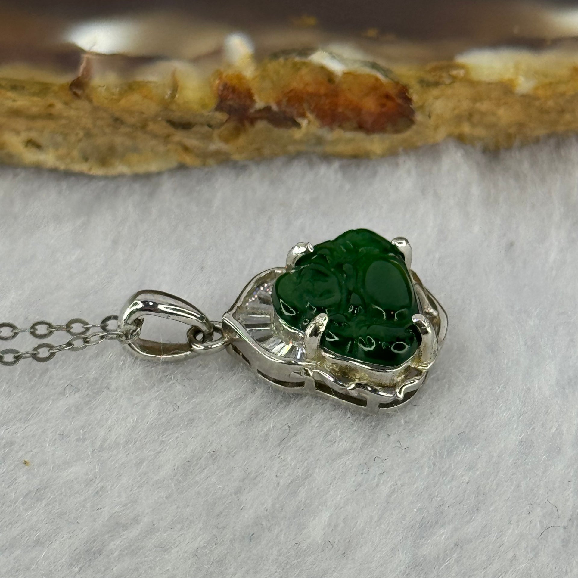 Type A Icy Green Omphasite Jadeite Milo Buddha 9.3 by 13.1 by 2.0mm in S925 Sliver Necklace 2.18g - Huangs Jadeite and Jewelry Pte Ltd