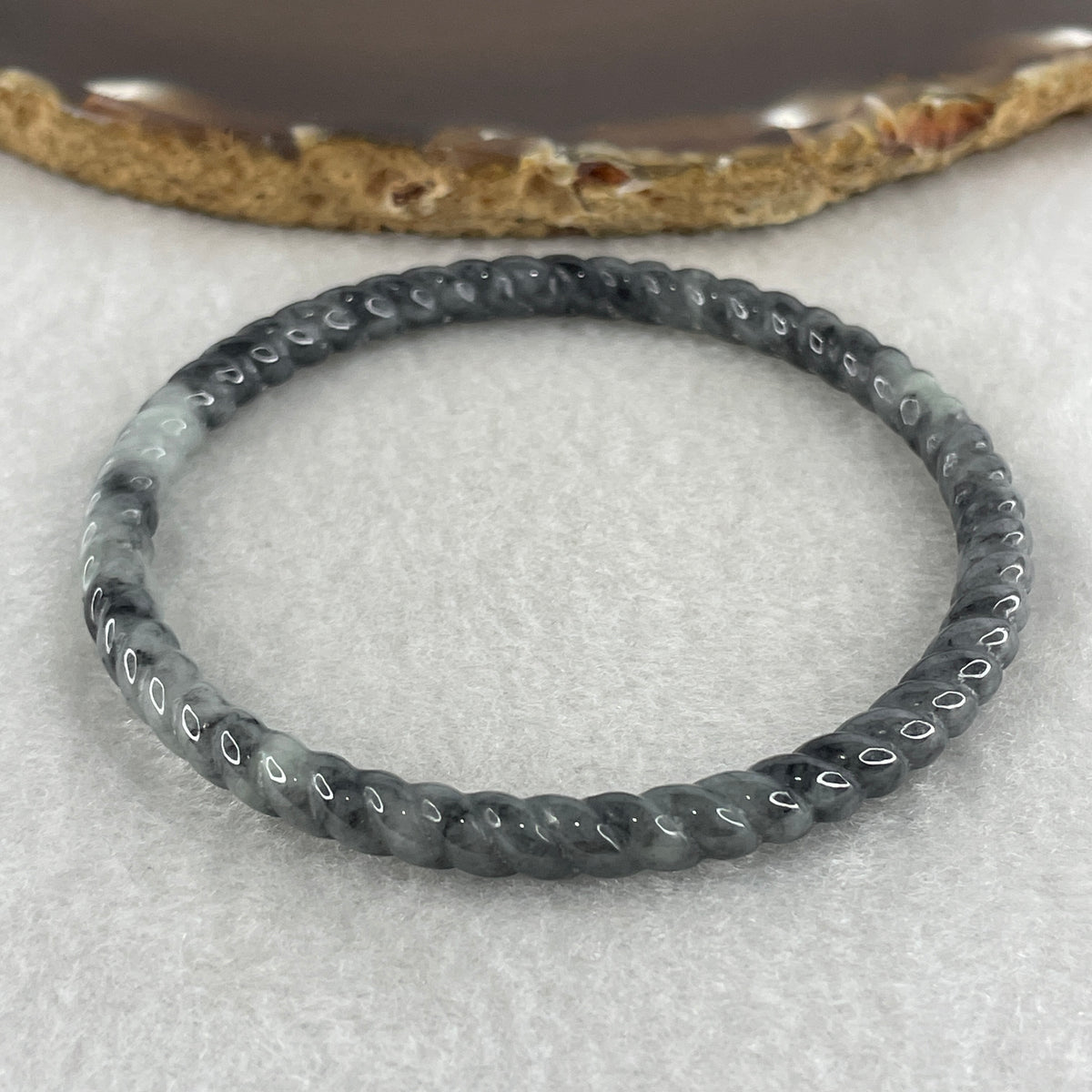 Natural Type A Wuji Grey Jadeite Twisted Bangle | 59.2mm Inner Diameter (13.87g 5.3x5.4mm | Continuous Fortune & Root Shield) - Huangs Jadeite and Jewelry Pte Ltd