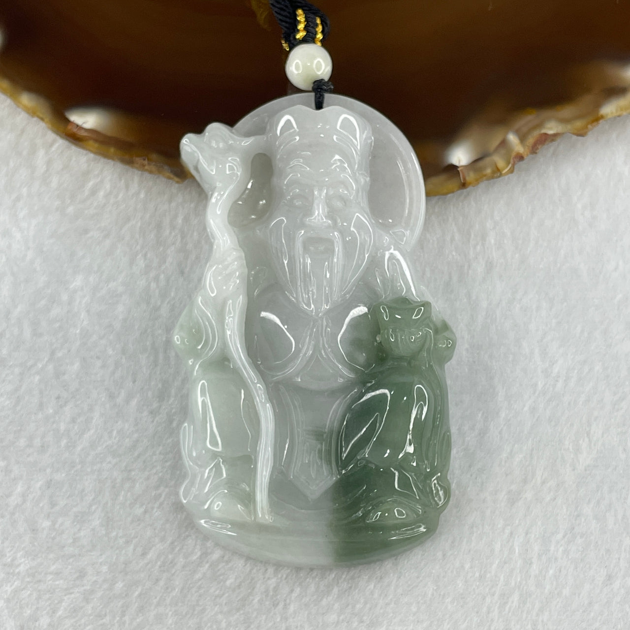 Natural Type A Light Green with Faint Lavender Jadeite Dua Pek Gong Pendant 71.52g 71.4 by 42.9 by 11.9mm