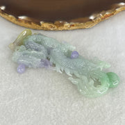 Type A Light Green with Deep Bright Lavender and Yellow Jadeite Pendant 45.66g 8.3 by 3.9 by 11mm with Wooden Stand - Huangs Jadeite and Jewelry Pte Ltd