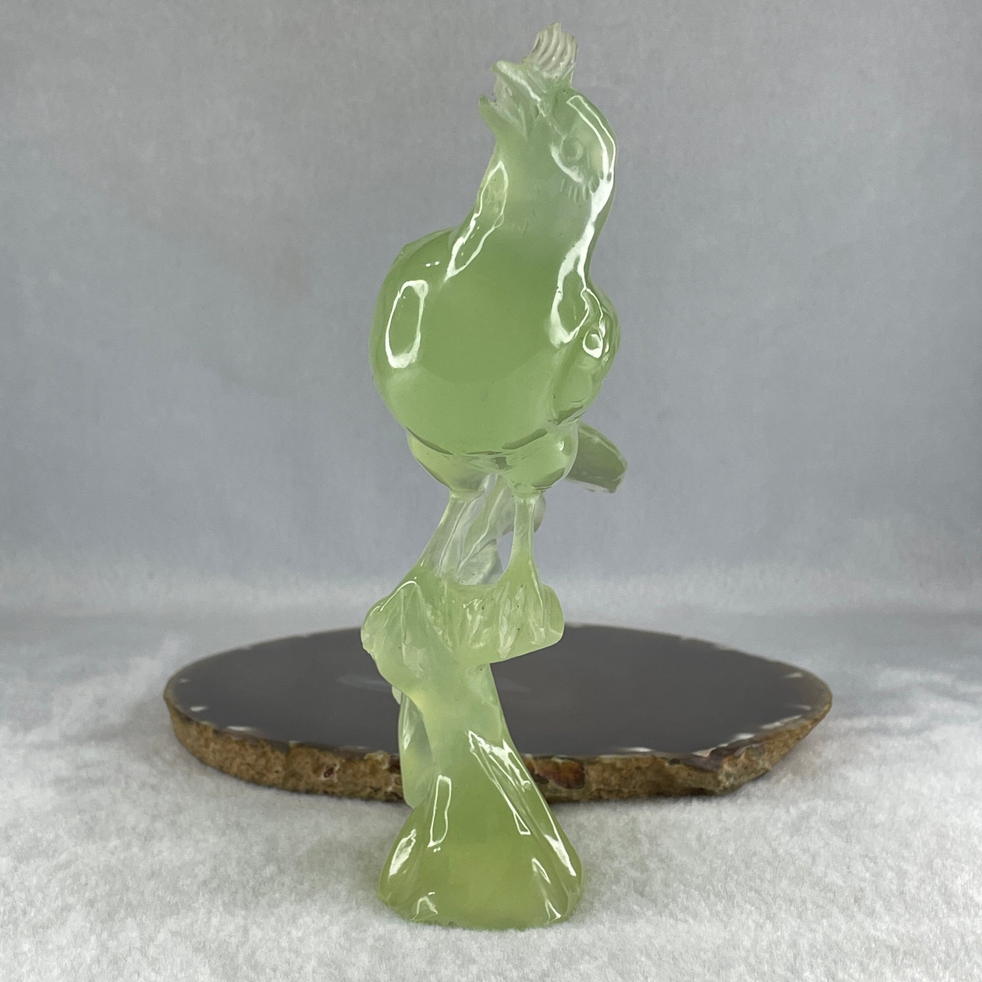 Natural Green Serpentine Bird on Plant with Wooden Stand Display 361.9g 150.0 by 80.0 by 180.0mm - Huangs Jadeite and Jewelry Pte Ltd