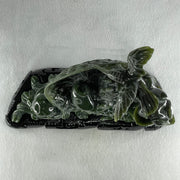 Natural Dark Green Serpentine Double Carp Fish with Gui ren and Lotus and Twin Ducks with Wooden Stand Display 2,032.7g 242.0 by 95.0 by 263.0mm - Huangs Jadeite and Jewelry Pte Ltd
