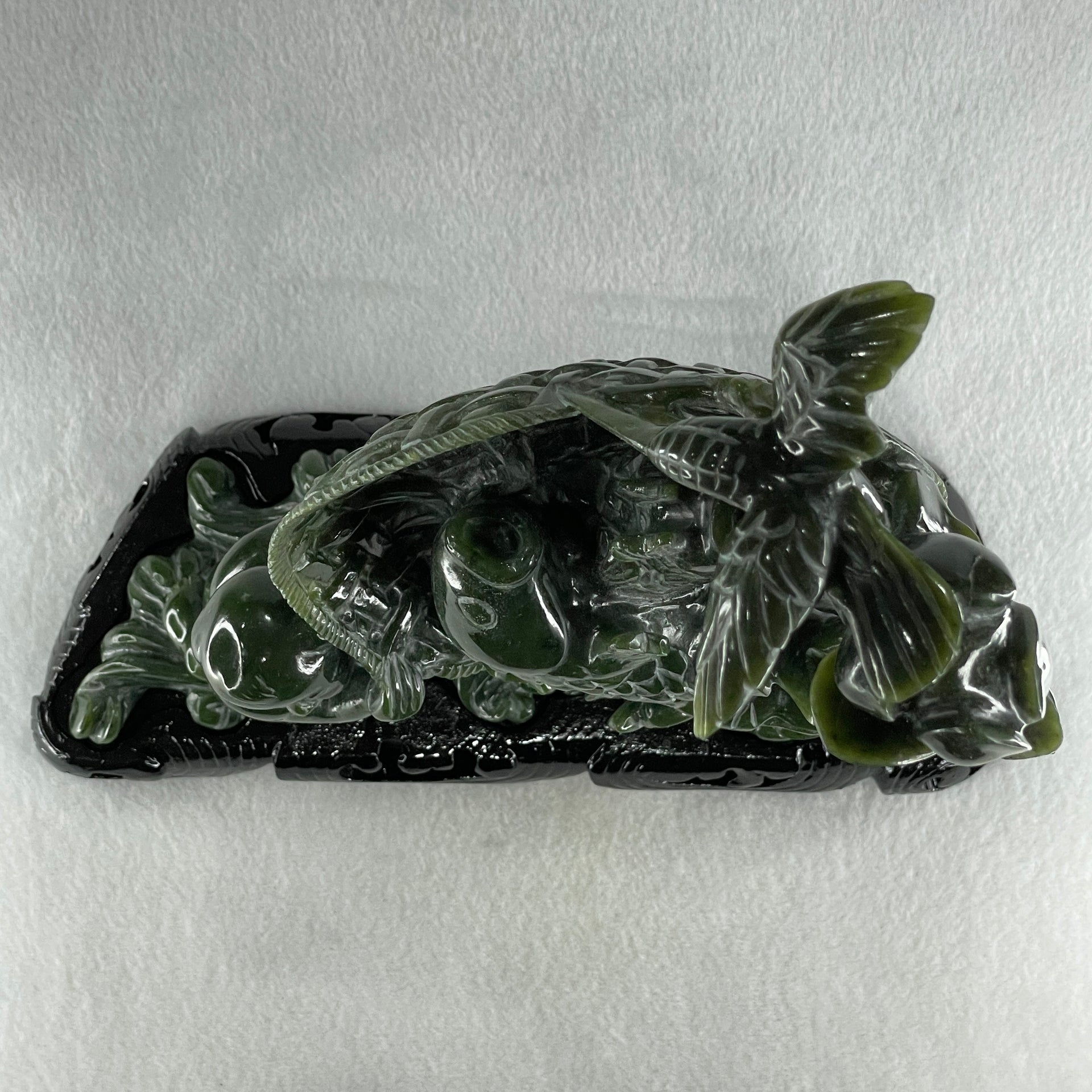 Natural Dark Green Serpentine Double Carp Fish with Gui ren and Lotus and Twin Ducks with Wooden Stand Display 2,032.7g 242.0 by 95.0 by 263.0mm - Huangs Jadeite and Jewelry Pte Ltd