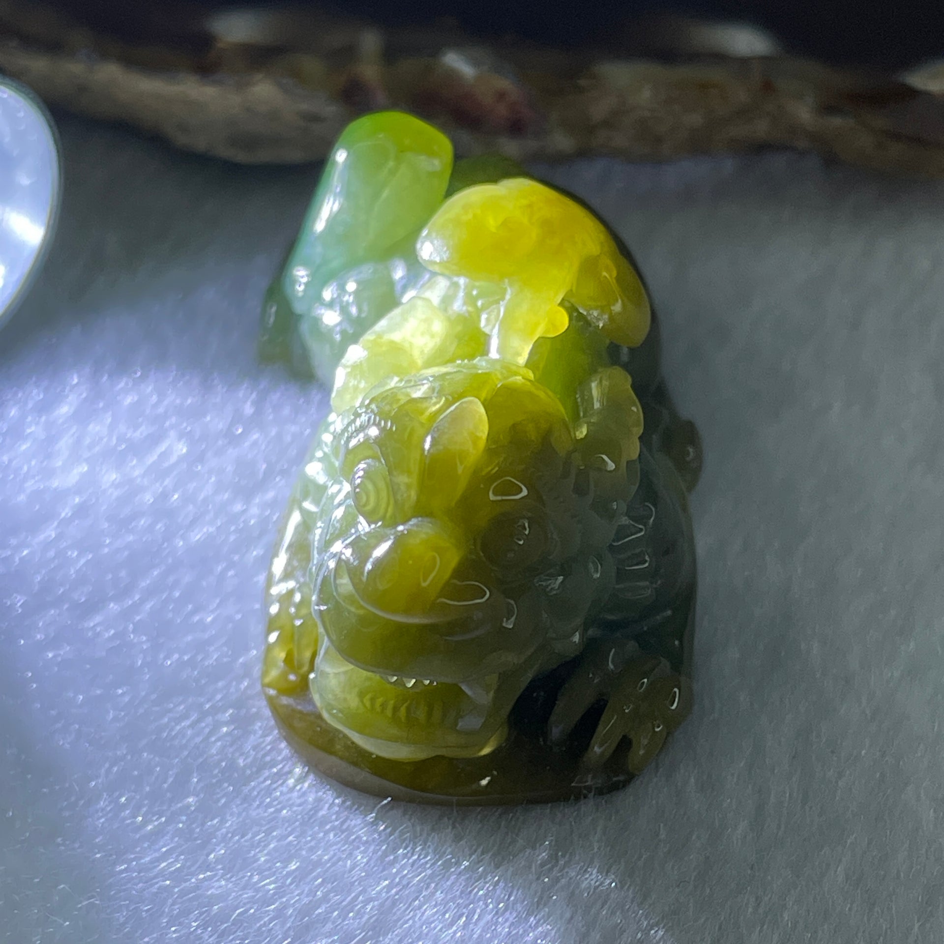 Grand Master Type A Yellow with Blueish Green Jadeite Pixiu Pendant 38.92g 50.7 by 24.3 by 24.7mm - Huangs Jadeite and Jewelry Pte Ltd