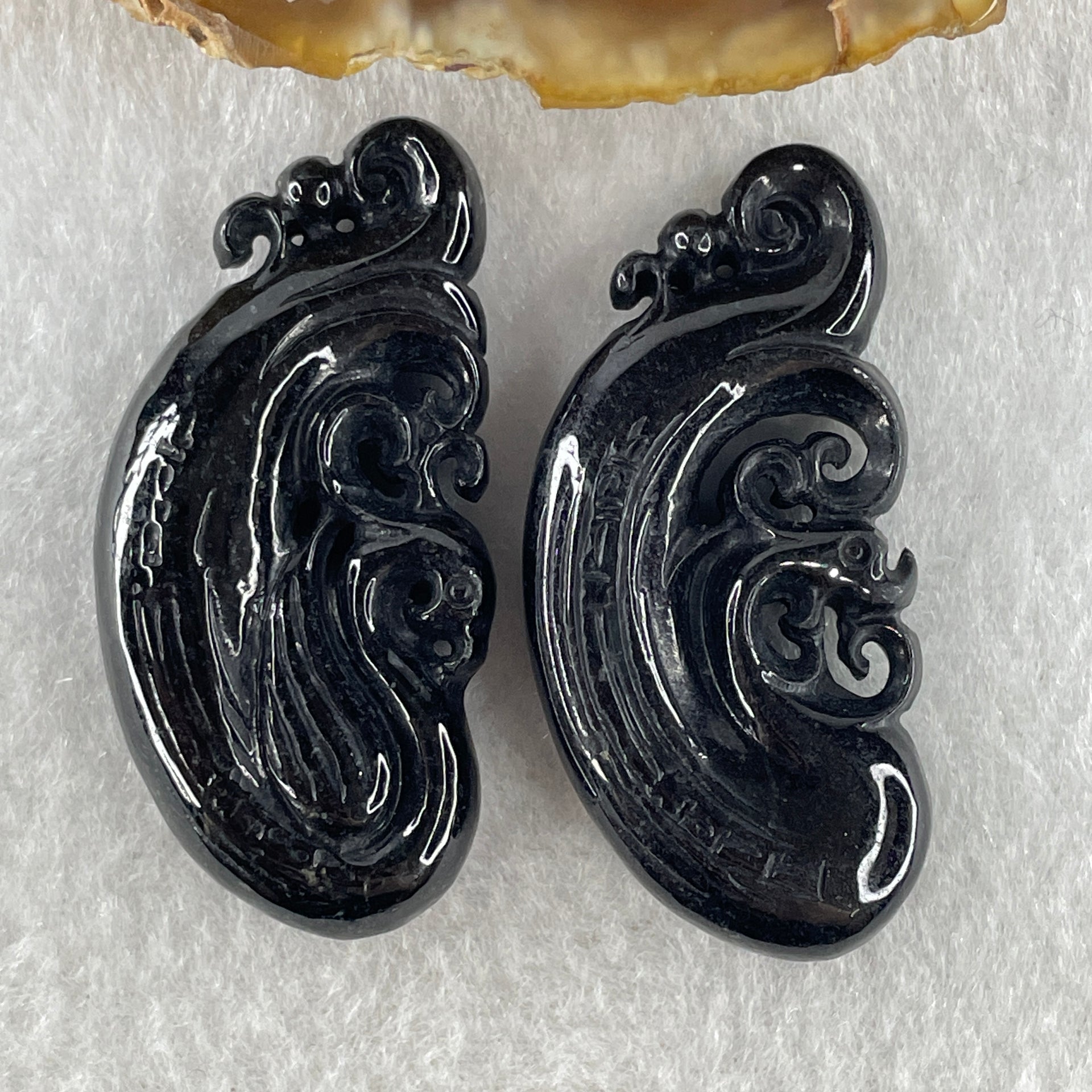 Type A Opaque Black Omphacite Jadeite Dragon 12.51g 42.4 by 20.6 by 8.2mm and Phoenix 13.27g 42.6 by 20.7 by 8.7mm Pair Pendant - Huangs Jadeite and Jewelry Pte Ltd