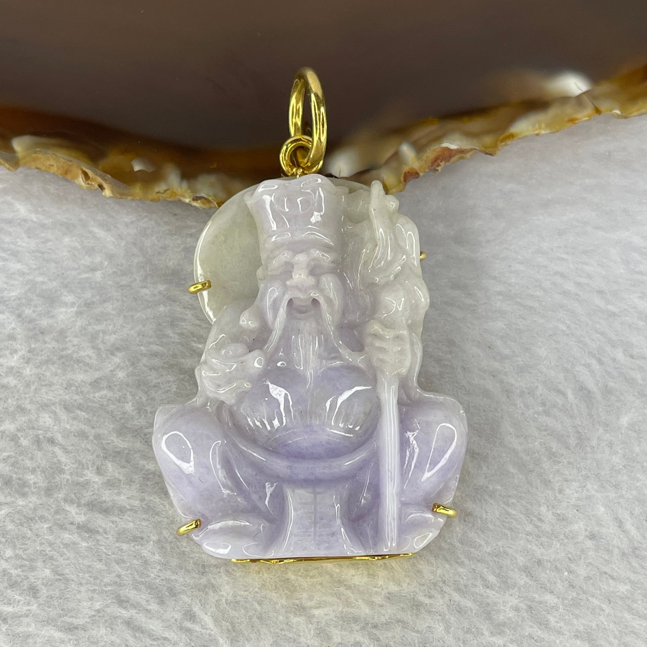 Pre-Love Type A Lavender Jadeite Tu Di Gong in 916 Yellow Gold Setting Large Clasp Inner Diameter 9.3mm suitable for very thick Gold Chain - Huangs Jadeite and Jewelry Pte Ltd