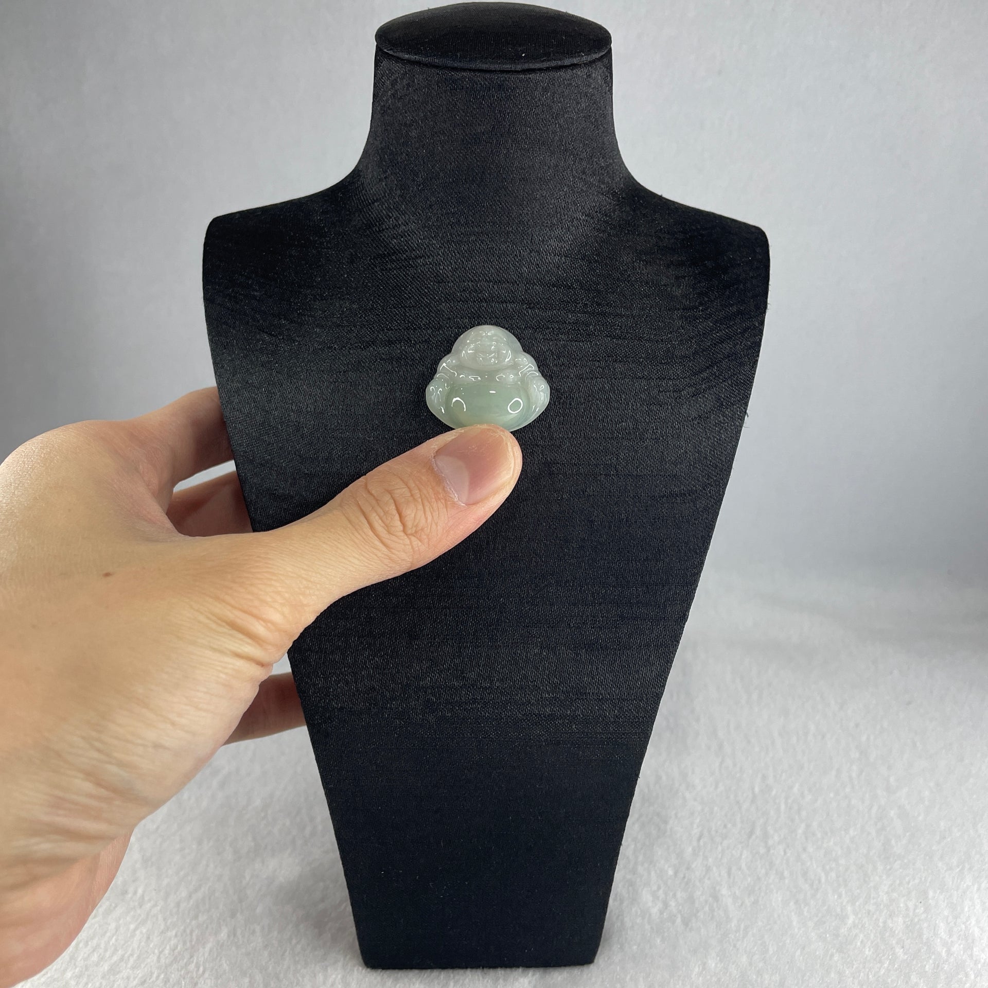 Certified Natural Type A Light Green Jadeite Milo Laughing Buddha Pendant 4.90g 22.8 by 24.9 by 6.0mm - Huangs Jadeite and Jewelry Pte Ltd