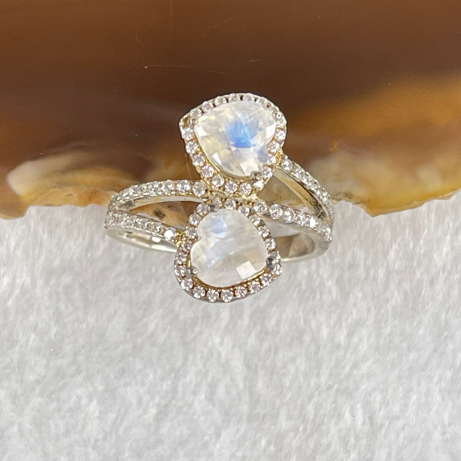 Natural Rainbow Moonstone with Crystals In S925 Sliver Ring (Adjustable Size) 3.10g 6.0 by 5.5 by 3.2mm - Huangs Jadeite and Jewelry Pte Ltd