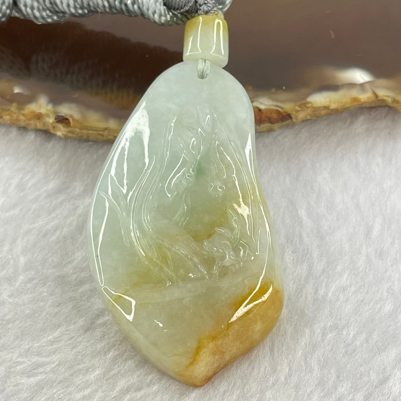 Type A Green  Yellow Lavender Jadeite Guan Yin with Lotus Flower Pendant 35.08g 52.1 by 29.4 by 10.3mm - Huangs Jadeite and Jewelry Pte Ltd