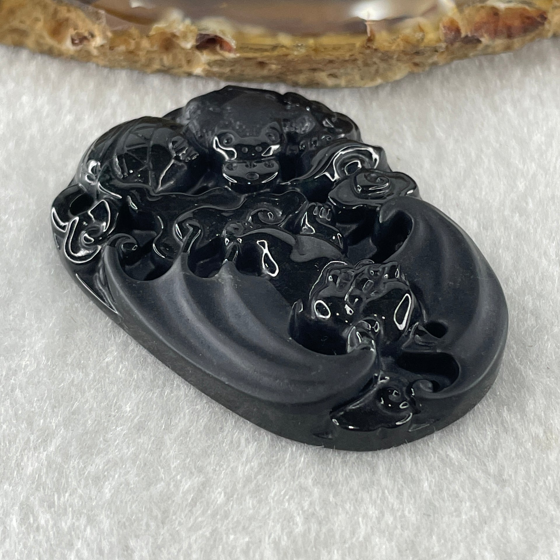 Type A Opaque to Partial Translucent Black Omphacite Jadeite Bat and 3 Legged Toad Pendant 29.98g 51.5 by 36.8 by 8.5mm - Huangs Jadeite and Jewelry Pte Ltd