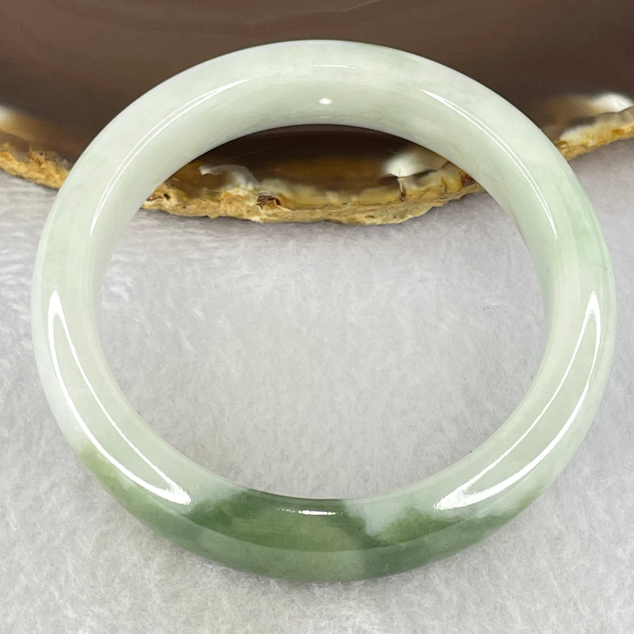 Type A Faint Lavender Green with Moss Green Patches Jadeite Bangle Internal Diameter 56.8mm 67.33g 14.8 by 8.8mm (Internal Lines) - Huangs Jadeite and Jewelry Pte Ltd