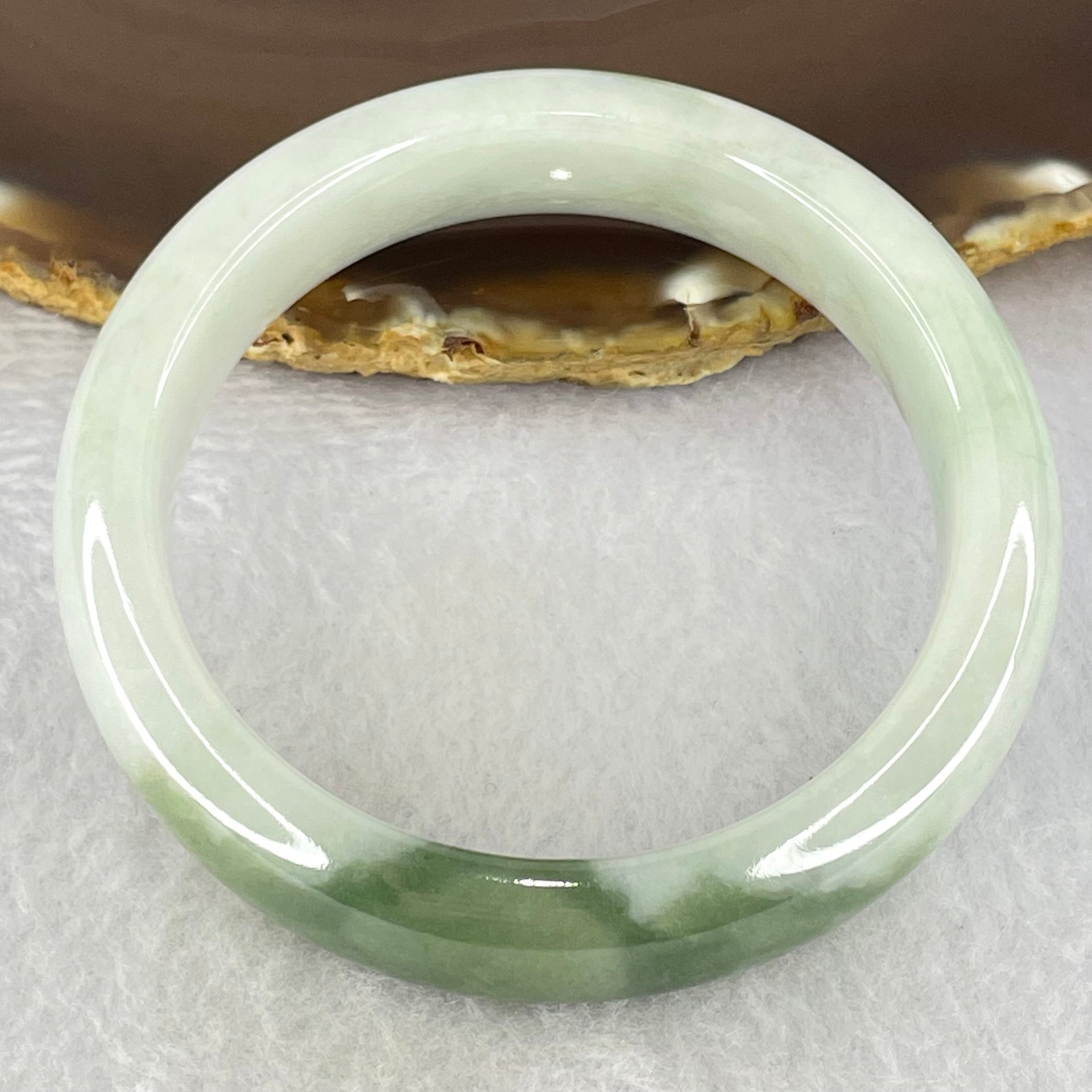 Type A Faint Lavender Green with Moss Green Patches Jadeite Bangle Internal Diameter 56.8mm 67.33g 14.8 by 8.8mm (Internal Lines) - Huangs Jadeite and Jewelry Pte Ltd