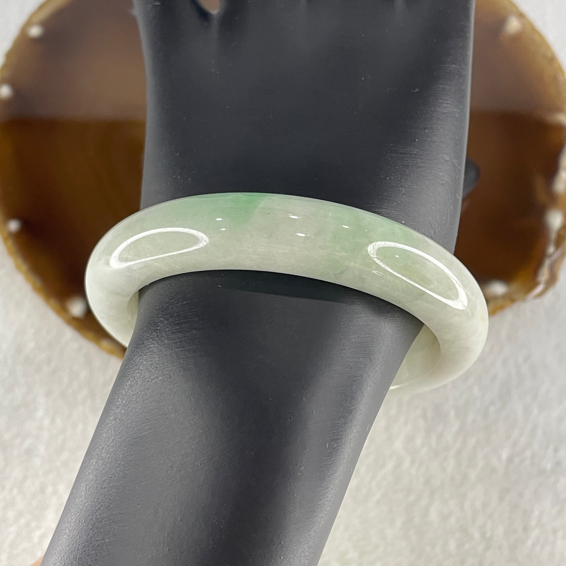Type A Light Green with Spicy Green Patches Jade Jadeite Bangle 52.23g inner Dia 55.7mm 12.3 by 8.5mm (External Line) - Huangs Jadeite and Jewelry Pte Ltd