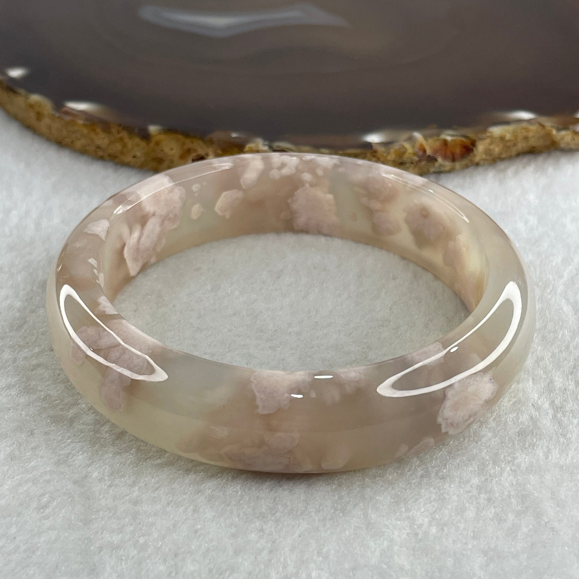 Natural Faint Pink Flower Agate Bangle 57.41g Internal Diameter 60.2mm 15.6 by 9.4mm (Perfect) - Huangs Jadeite and Jewelry Pte Ltd