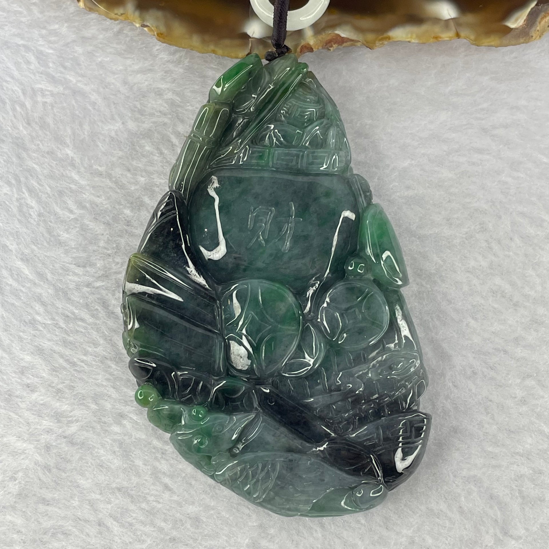 Rare Type A Wuji Grey with Spicy Green Jadeite Qilin Kirin with Phoenix, Ruyi and Treasure 95.01g 77.5 by 49.0 by 14.5 mm - Huangs Jadeite and Jewelry Pte Ltd