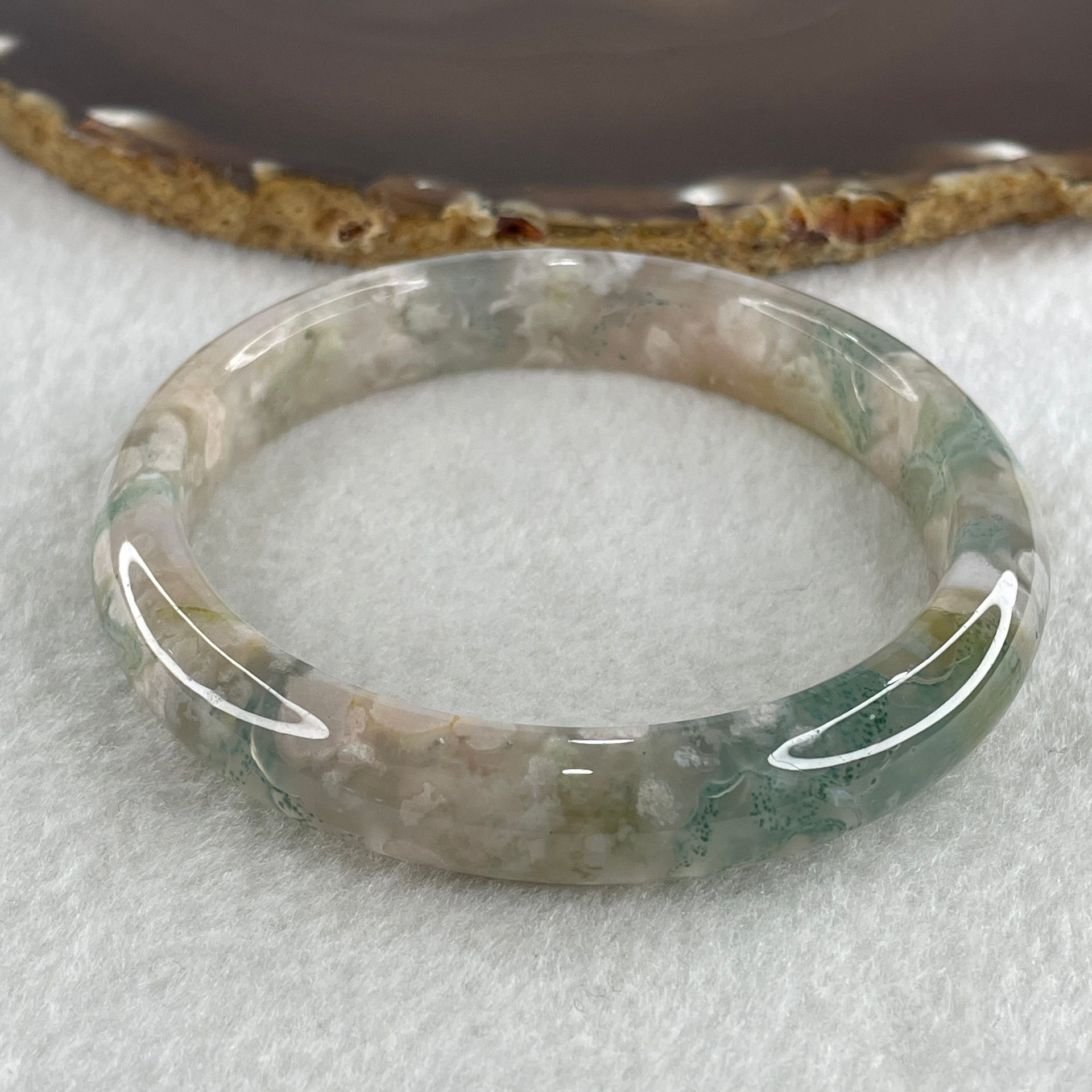 Natural Icy Green with White Flower Agate Bangle 39.69g Internal Diameter 61.3mm 11.8 by 7.7mm (Perfect) - Huangs Jadeite and Jewelry Pte Ltd