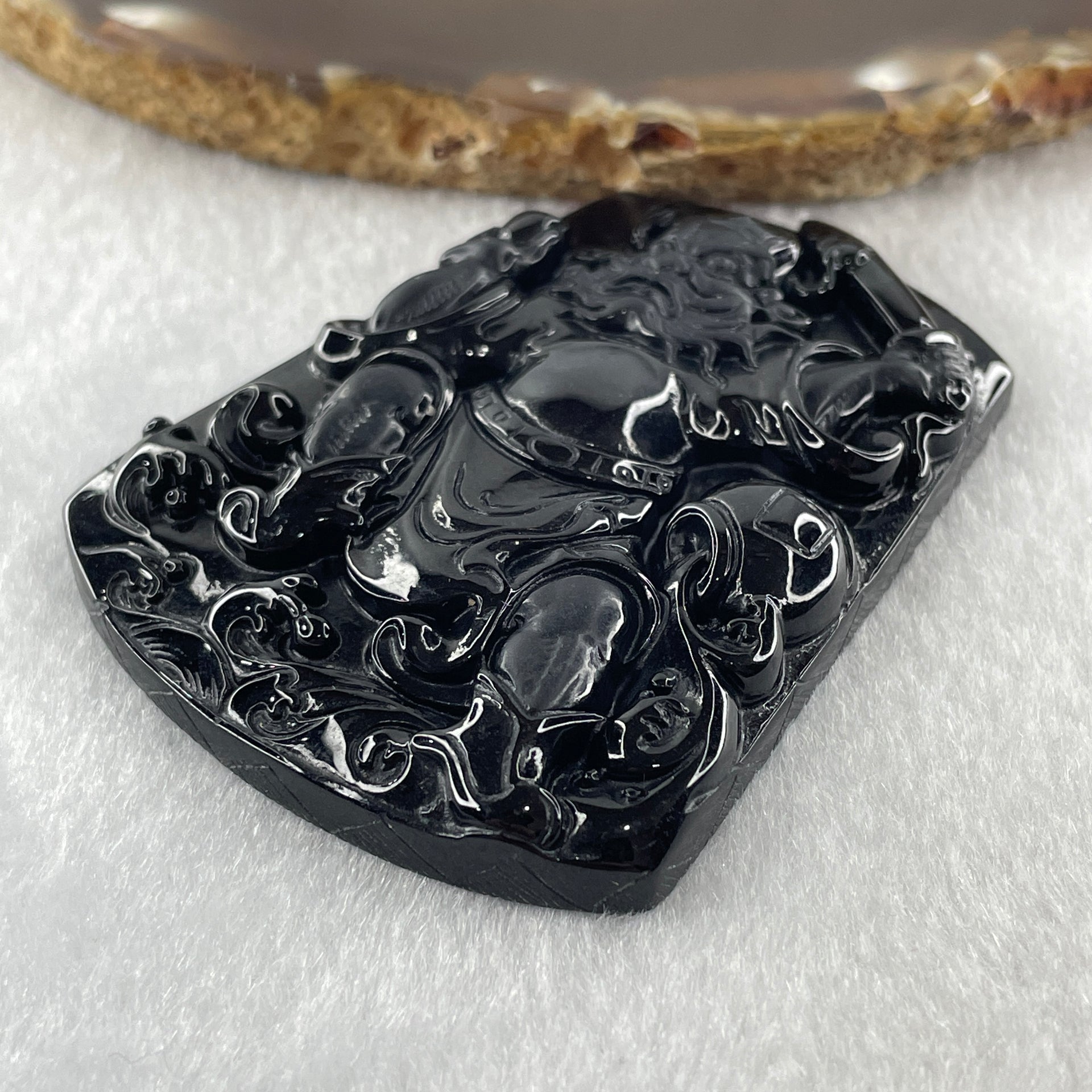 Type A Opaque to Partial Translucent Black Omphacite Jadeite Zhong Kui Pendant 37.41g 64.9 by 49.5 by 8.8mm - Huangs Jadeite and Jewelry Pte Ltd
