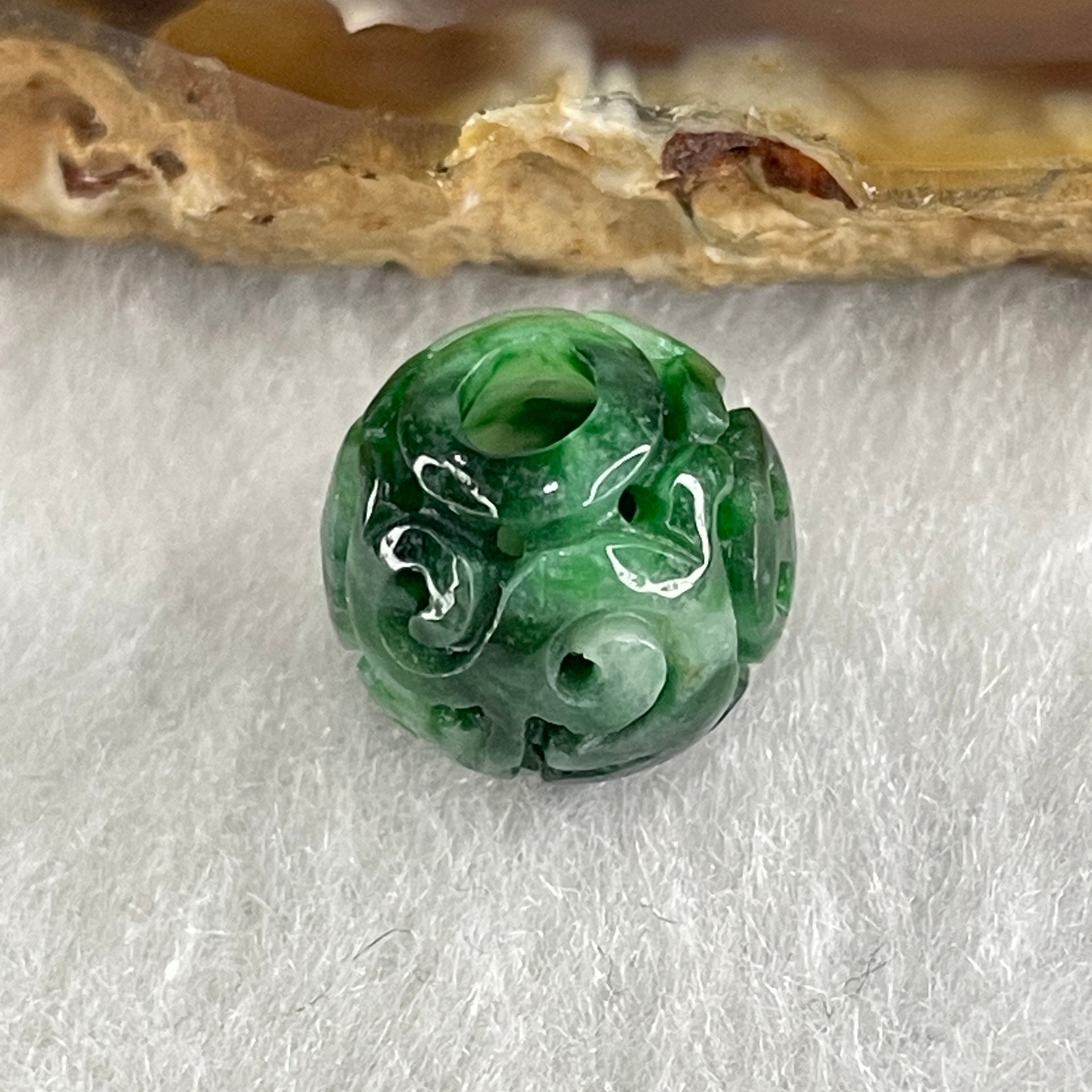Natural Type A Lao Keng Old Mine Green Jadeite Flora Carving Bead Charm 1.32g 11.0mm - Huangs Jadeite and Jewelry Pte Ltd