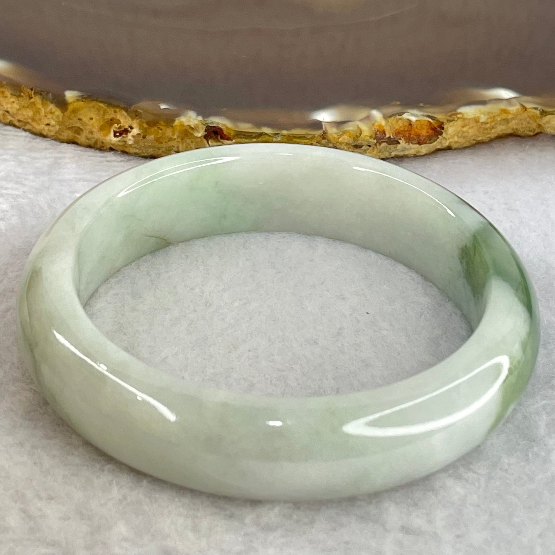 Type A Faint Lavender Green with Moss Green Patches Jadeite Bangle Internal Diameter 56.8mm 67.33g 14.8 by 8.8mm (Internal Lines) - Huangs Jadeite and Jewelry Pte Ltd