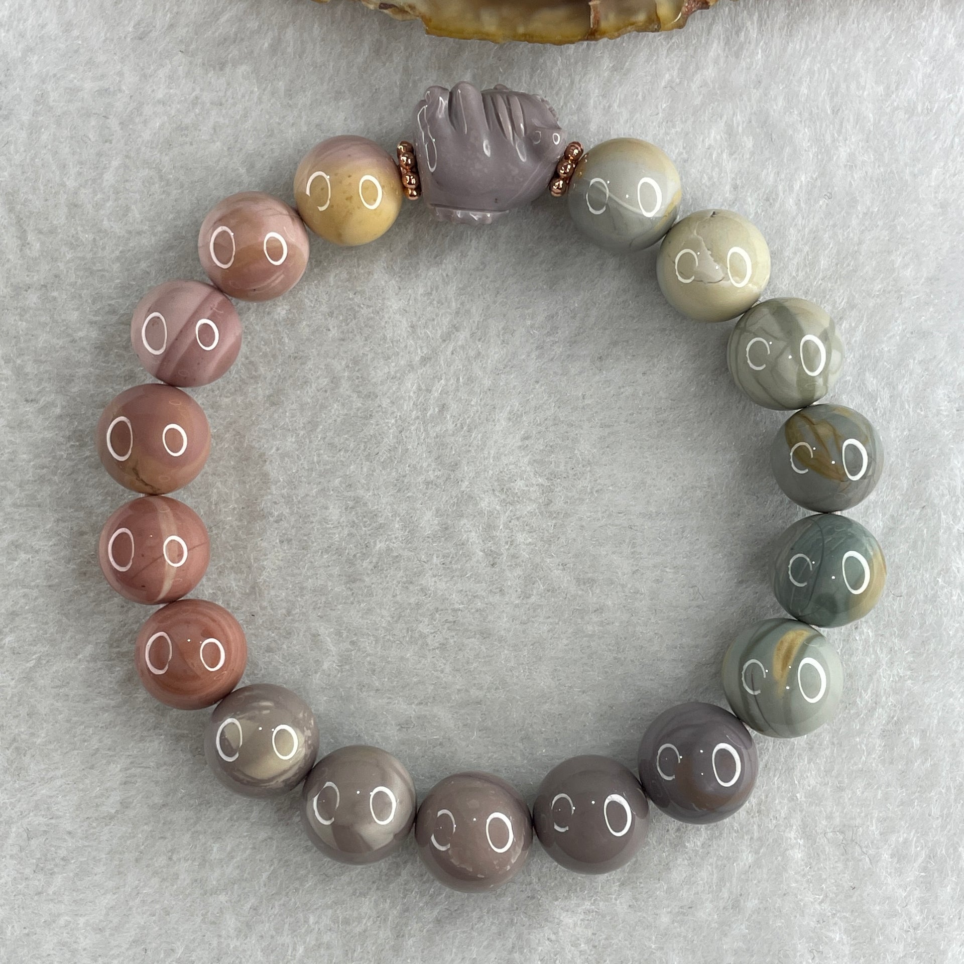 Natural Alashan Agate Pastels Pink Beads with Cat Charm Bracelet 29.60g 15.5cm 10.8mm 17Beads - Huangs Jadeite and Jewelry Pte Ltd