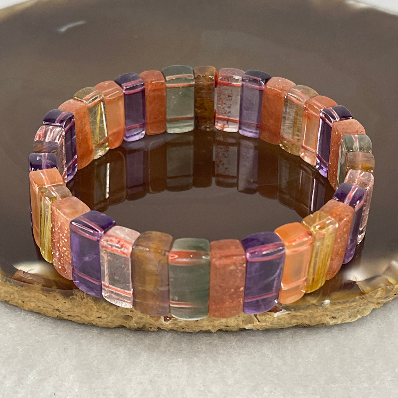 Very Good Grade Natural Multi Treasures Shou Pai Bracelet | 4.8mm Rutilated Quartz, Amethyst, Strawberry Quartz, Sunstone & Cacoxenite Plaque Mala (34.44g | 17cm Wrist Sizing | 34 Pcs)