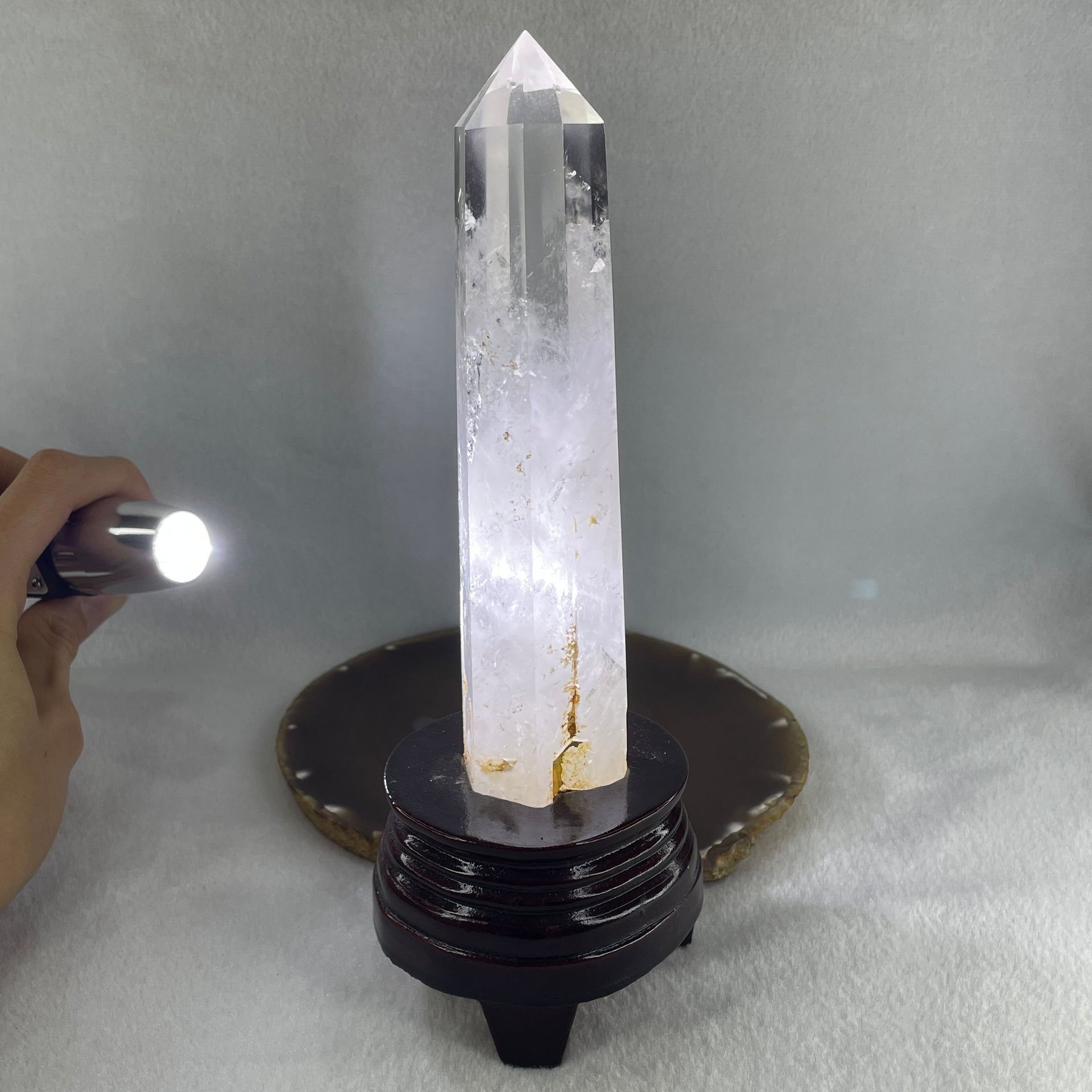 Natural Clear Quartz Tower with Wooden Stand 450.7g 80.1 by 75.9 by 210.0mm - Huangs Jadeite and Jewelry Pte Ltd