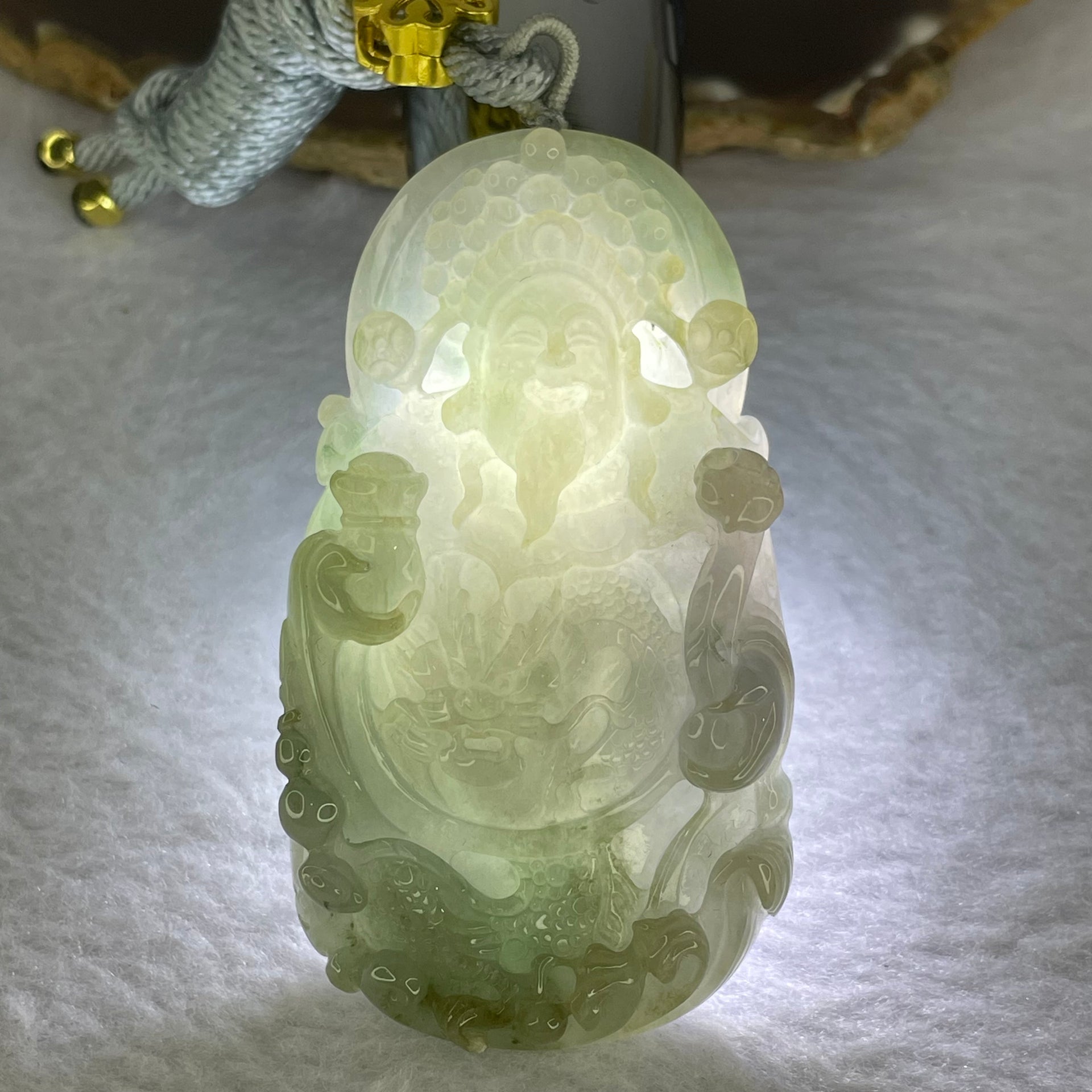 Grand Master Type A 3 Colours Green Lavender Brown Jadeite Gold of Fortune Cai Shen Ye 财神爷 on Dragon 龙 84.21g 75.4 by 41.7 by 12.8mm - Huangs Jadeite and Jewelry Pte Ltd