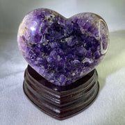 Natural Amethyst Heart Shape with Wooden Stand Display 784.3g 114.4 by 95.0 by 116.5mm - Huangs Jadeite and Jewelry Pte Ltd