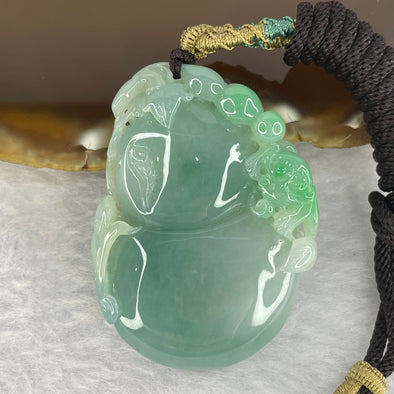 Grand Master Type A Sky Blue with Bright Green Hulu with Monkey & Ruyi 38.25g 50.0 by 36.7 by 11.4mm with Wooden Stand - Huangs Jadeite and Jewelry Pte Ltd