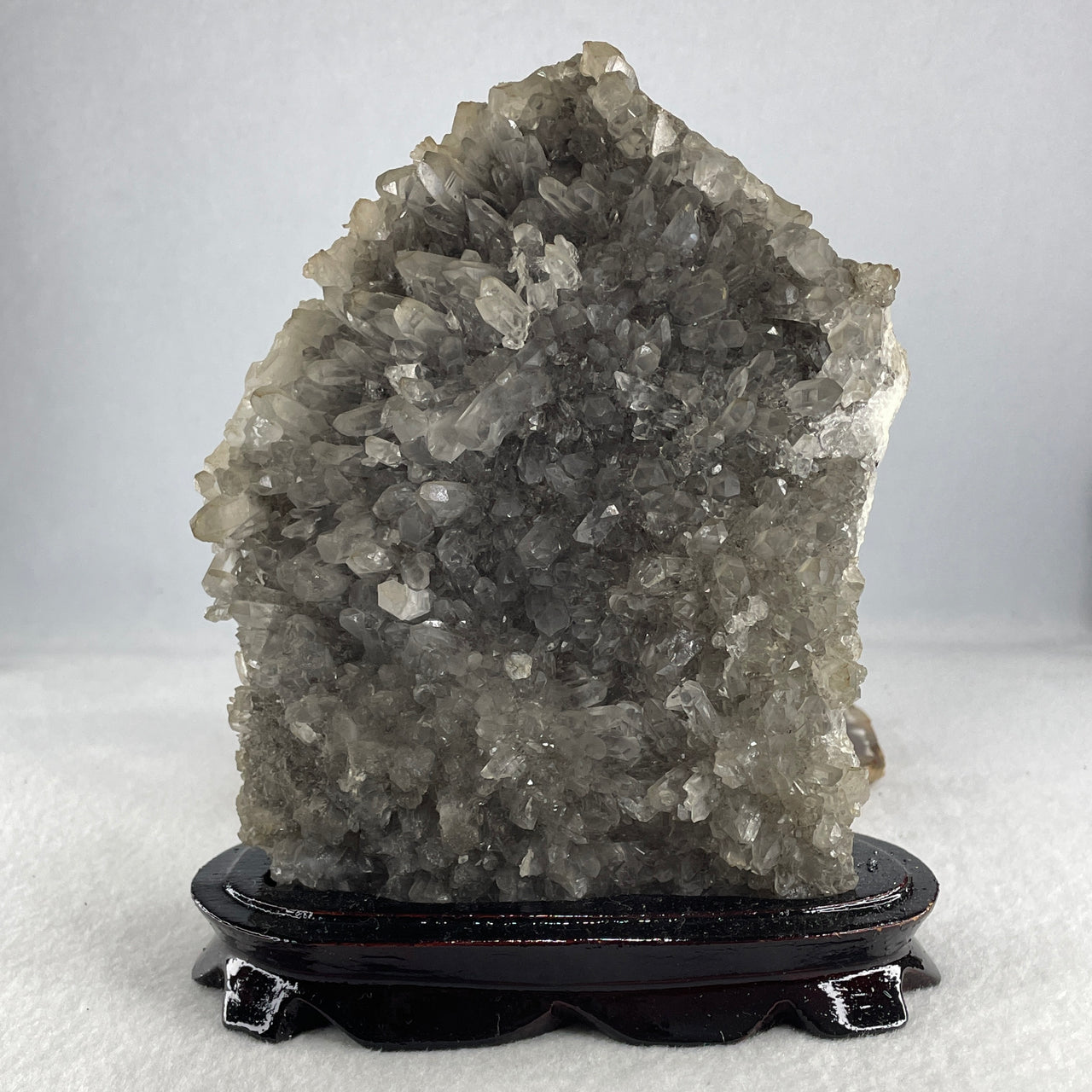 Natural Clear Quartz Crystal Cluster Display with Wooden Stand 1,466.6g 144.0 by 75.0 by 170.0mm - Huangs Jadeite and Jewelry Pte Ltd