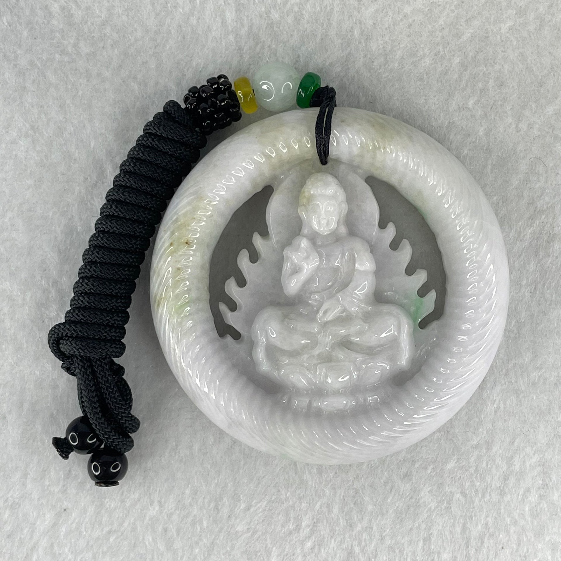 Type A Light Lavender Green Jadeite Buddha Ping An Kou Donut Pendant 74.33g 56.4 by 13.6mm - Huangs Jadeite and Jewelry Pte Ltd