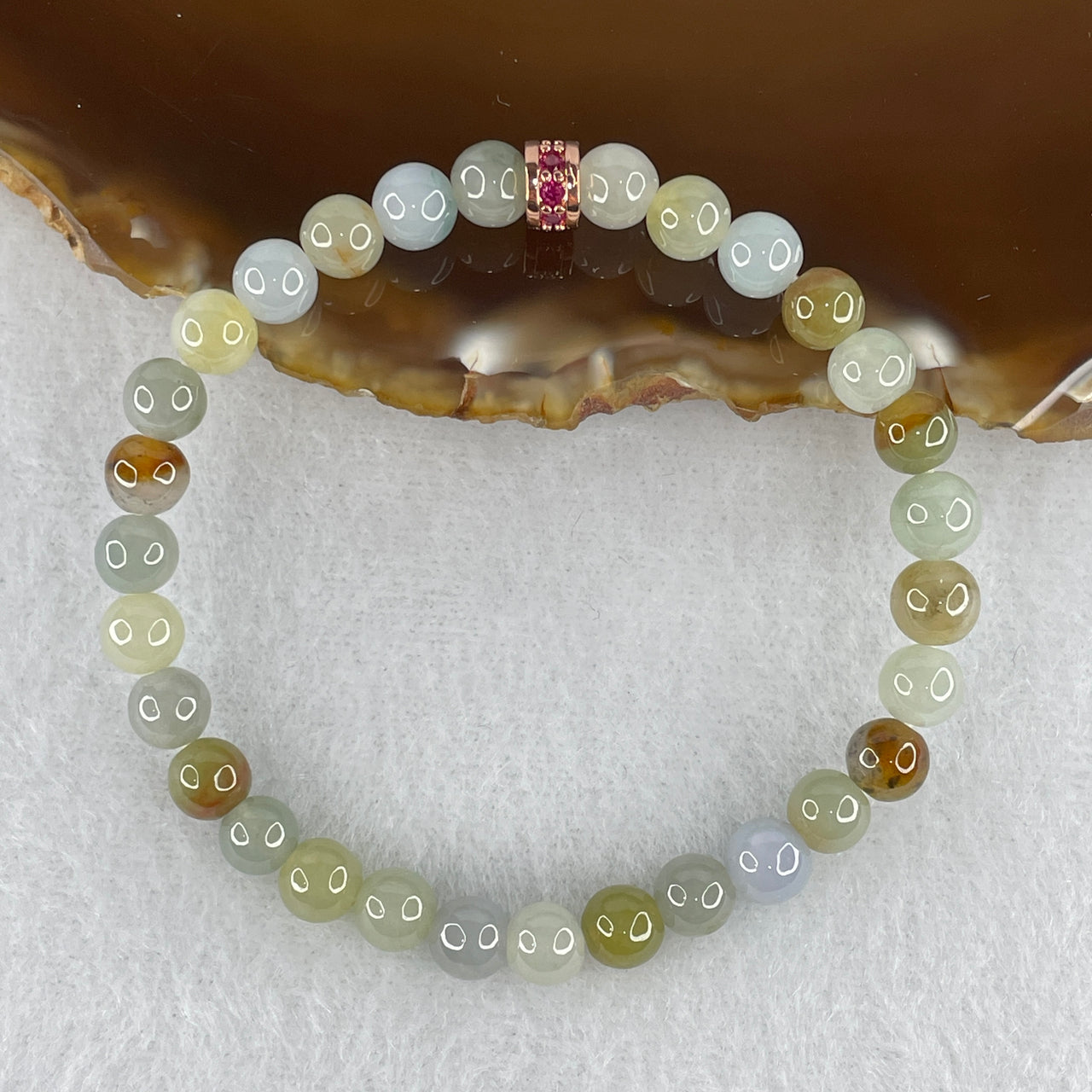 Natural Type A Multicolor Jadeite Bracelet | 15cm  6.2mm Round Light Blueish Green Brown Yellow Earth & Sun Bead Strand (11.93g, 30 Beads)