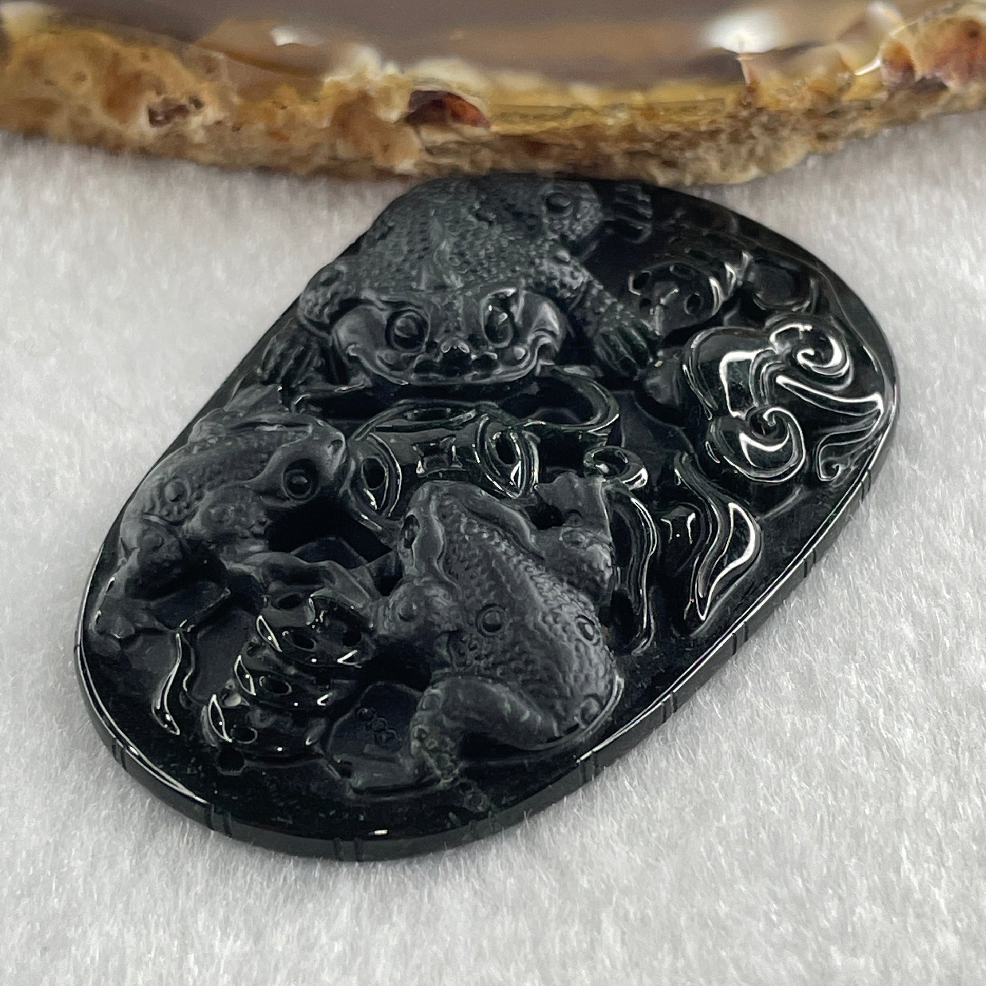 Type A Opaque to Partial Translucent Black Omphacite Jadeite Triple 3 Legged Toad Chan Chu with Coins and Ruyi Pendant 19.22g 53.0 by 34.7 by 7.6mm - Huangs Jadeite and Jewelry Pte Ltd