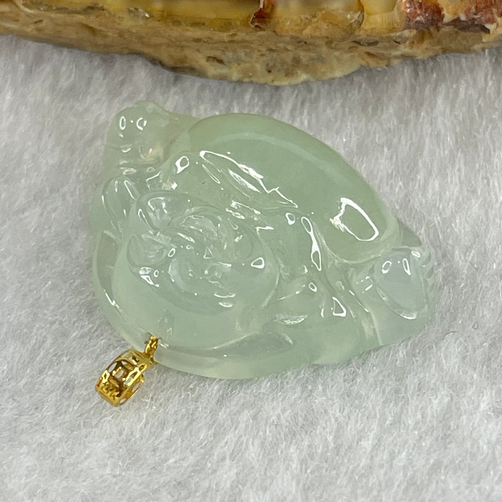 Natural Type A Semi Icy Sky Blue Jadeite Milo Buddha Pendant in 18K Yellow Gold Clasp 4.6g 18.1 by 24.0 by 7.2mm - Huangs Jadeite and Jewelry Pte Ltd