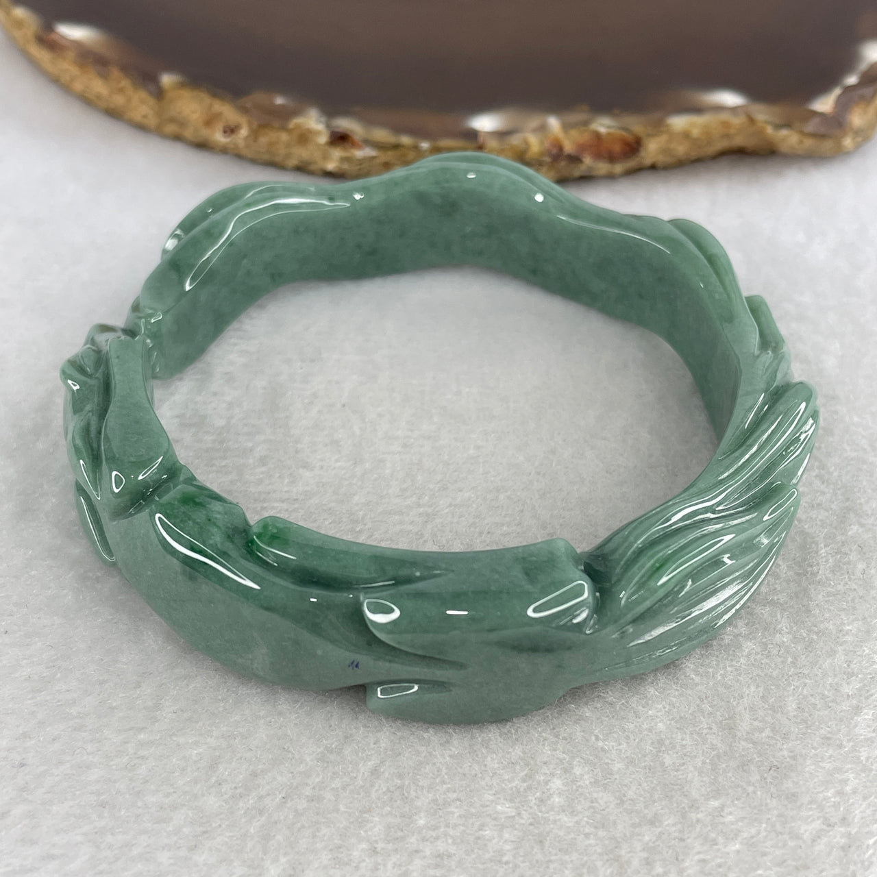 Natural Type A Blueish-Green Jadeite Carved Bangle | 59.6mm Wide-Band Mystical "Nine-Tailed Fox" | Internal Lines "Fei Cui" Statement Wrist Heirloom (63.69g 15.0x9.0mm)