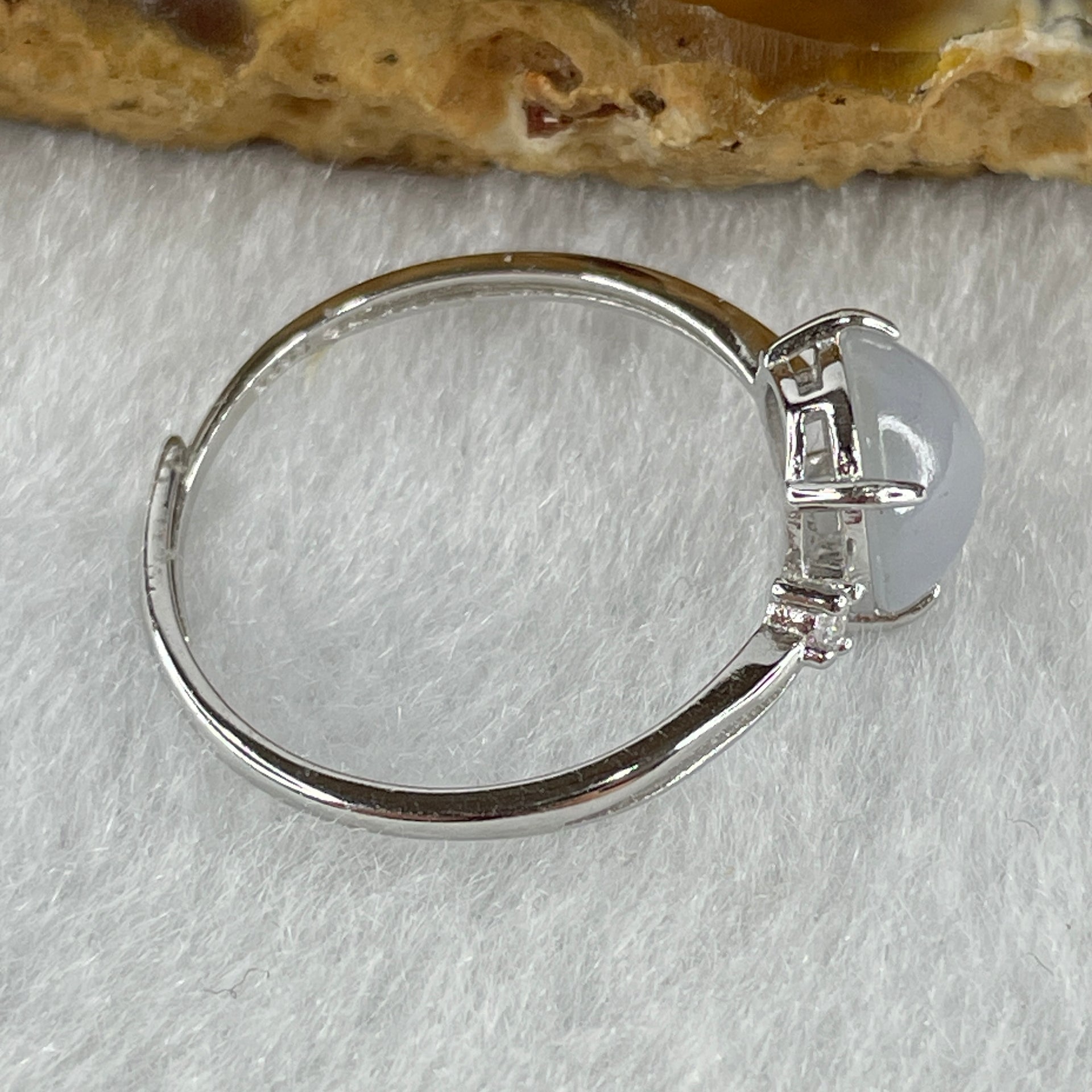 Natural Type A Semi Icy Faint Lavender Jadeite Round Shape Cabouchon in S925 Silver Ring (Adjustable Size) 1.33g 7.7 by 4.5mm - Huangs Jadeite and Jewelry Pte Ltd