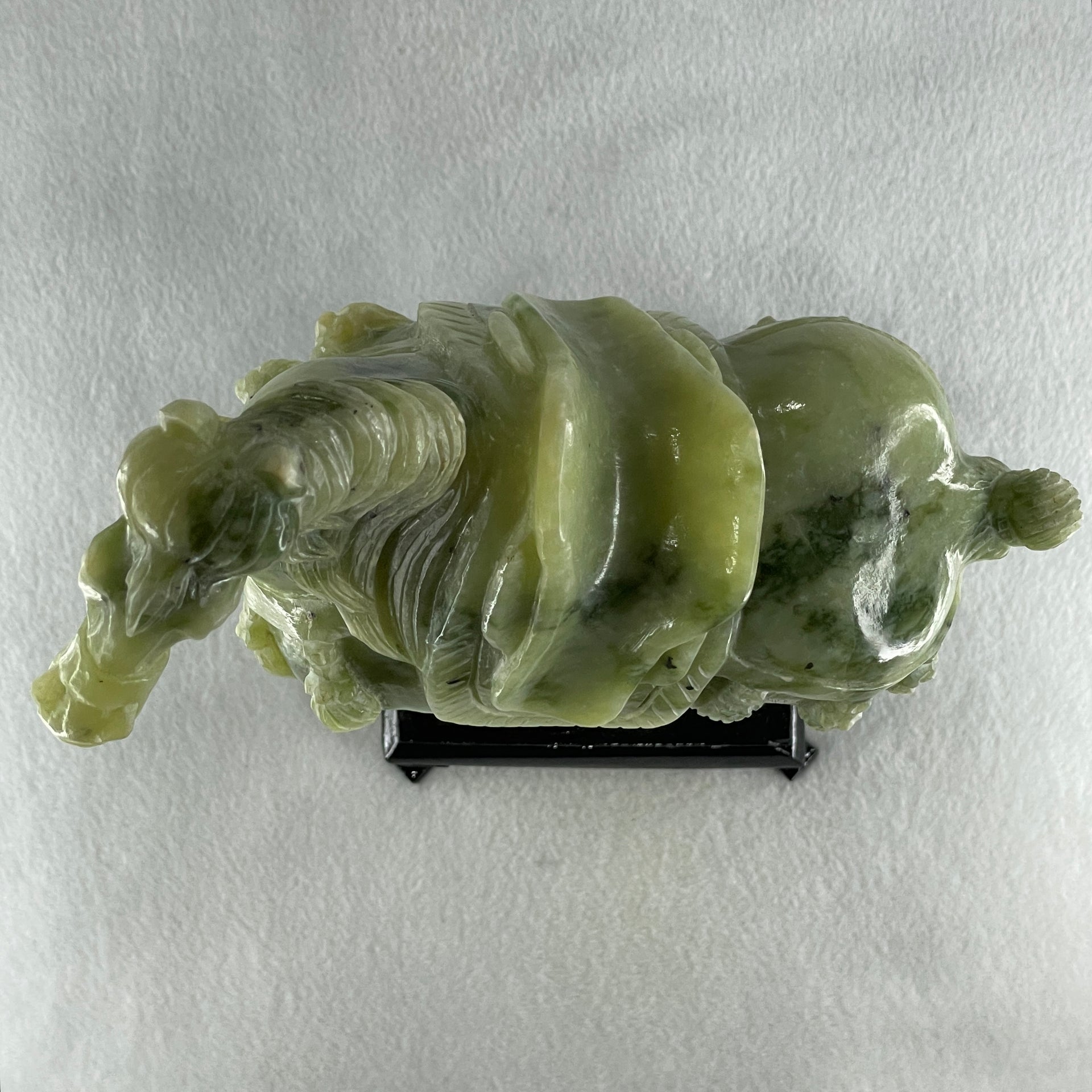 Natural Green Serpentine Victory Horse with Wooden Stand Display 2,539.2g 187.0 by 273.0 by 110.0mm - Huangs Jadeite and Jewelry Pte Ltd